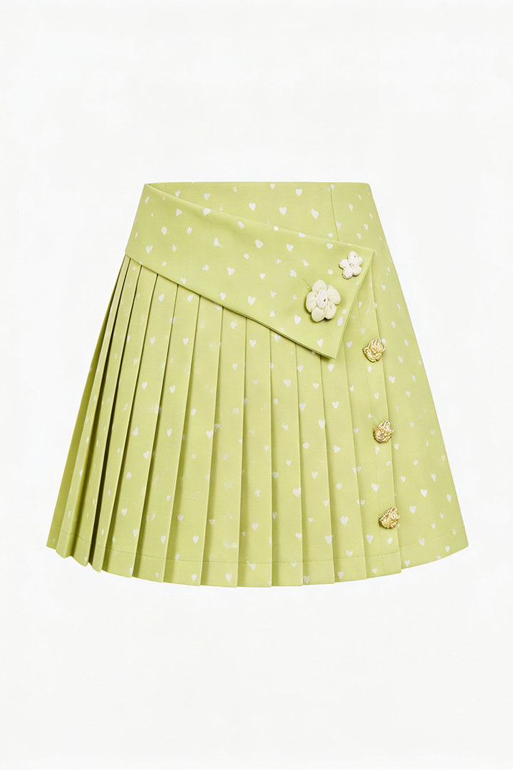 Light Green Heart Print Pleated Mini Skirt with Floral Buttons