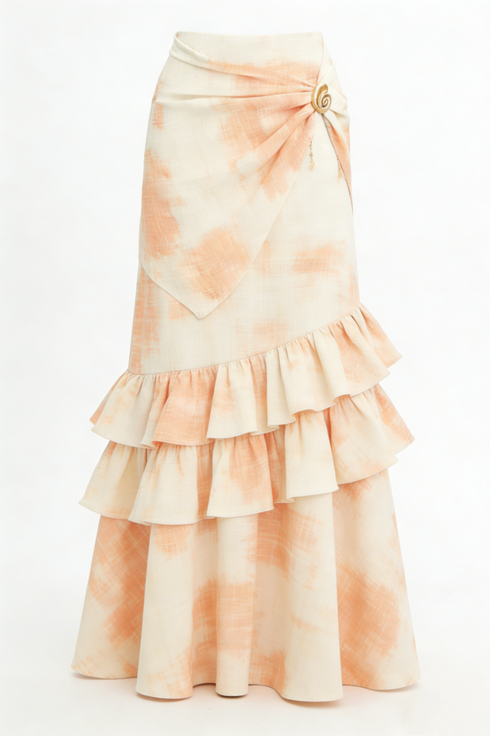 Peach Tie-Dye Tiered Ruffle Maxi Skirt with Gold Accent