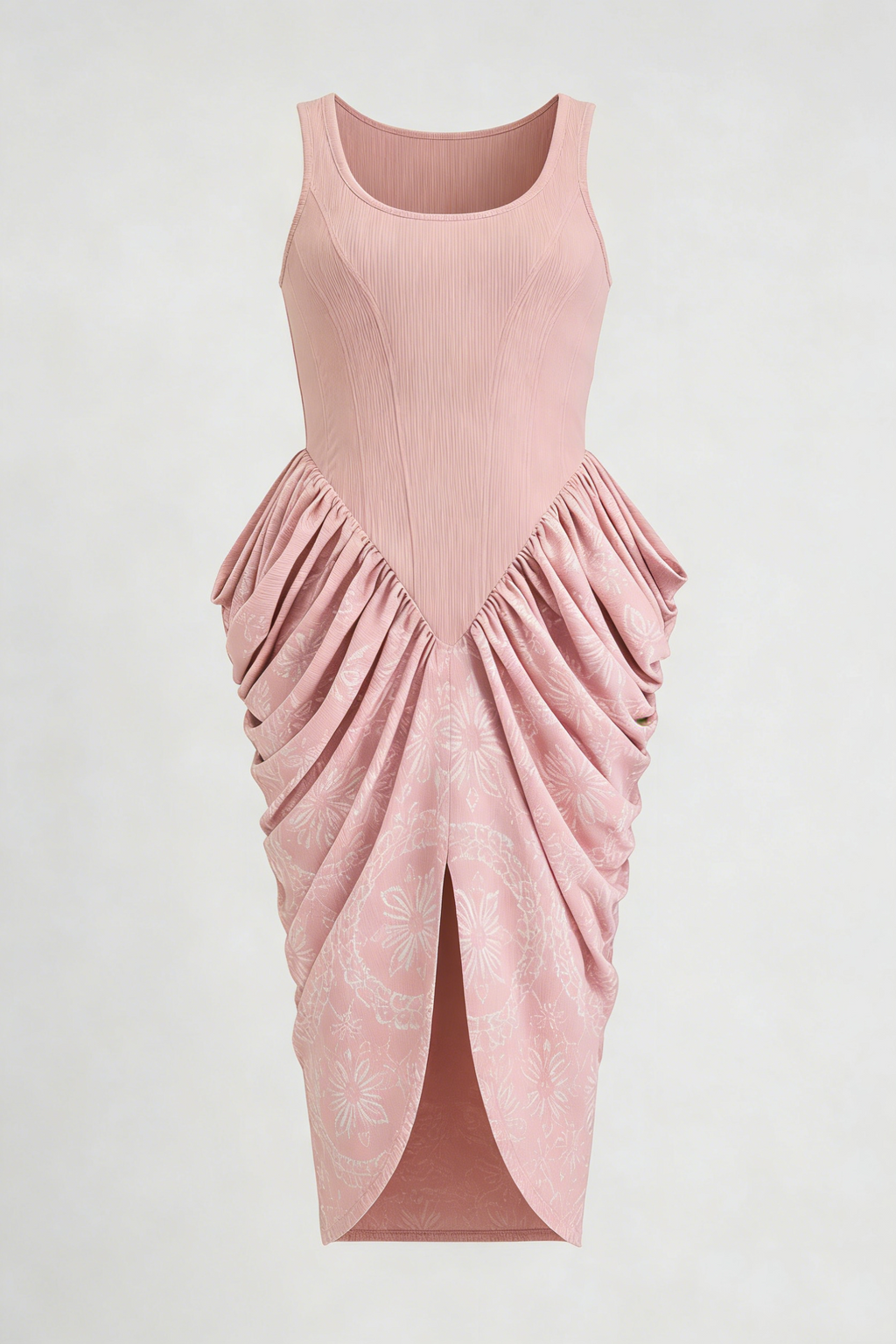 Pink Jacquard Ruched Sleeveless Bodycon Midi Dress