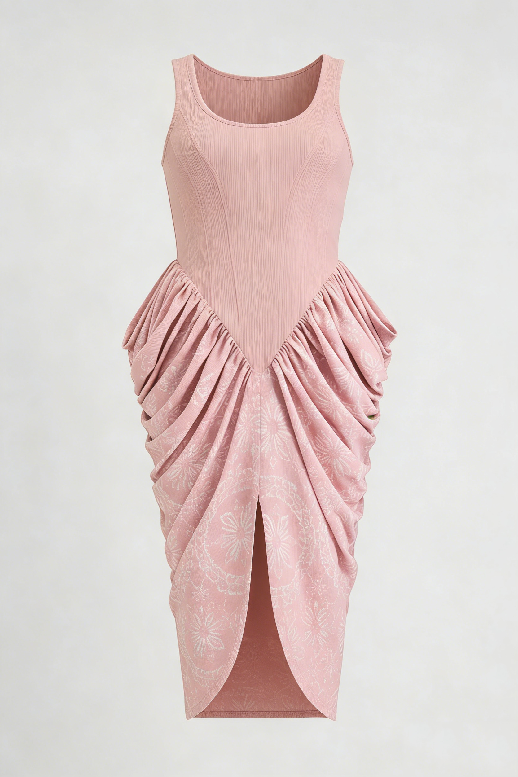Pink Jacquard Ruched Sleeveless Bodycon Midi Dress