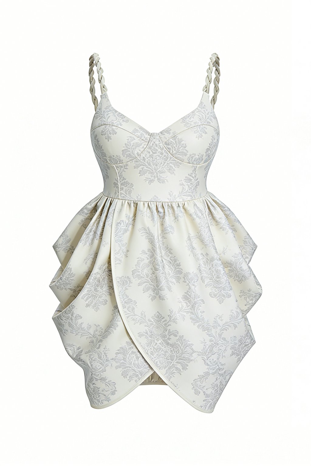 Cream Jacquard Braided Strap Bubble Hem Mini Dress