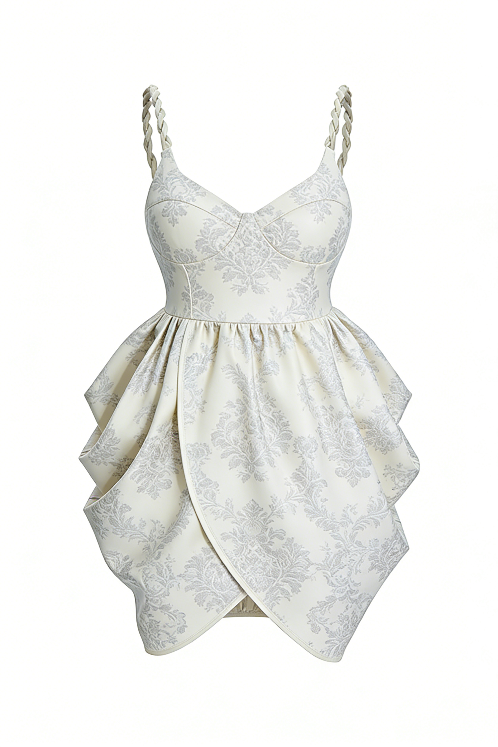 Cream Jacquard Braided Strap Bubble Hem Mini Dress