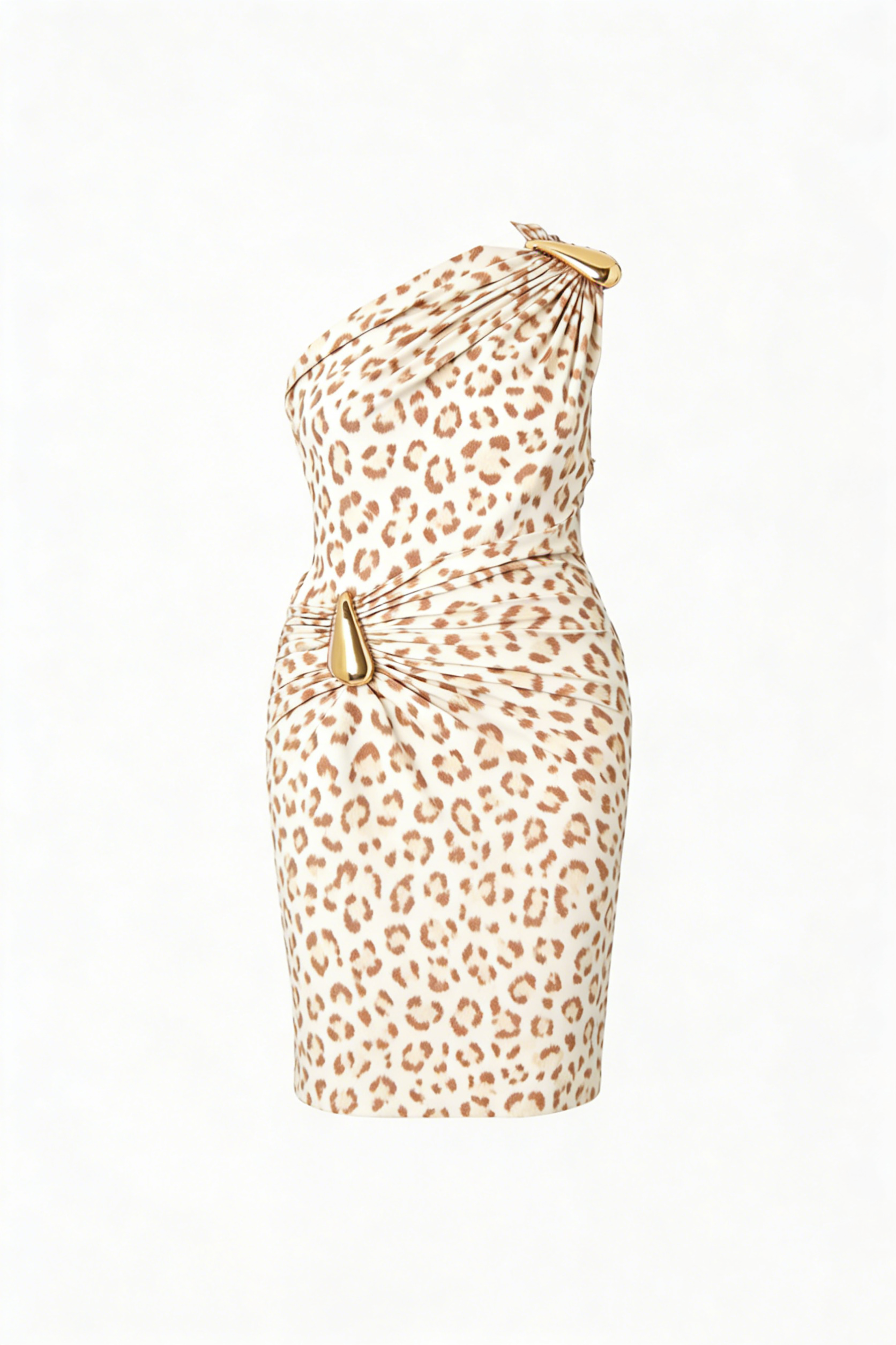 Cream Leopard Print Gold Accent One-Shoulder Bodycon Mini Dress