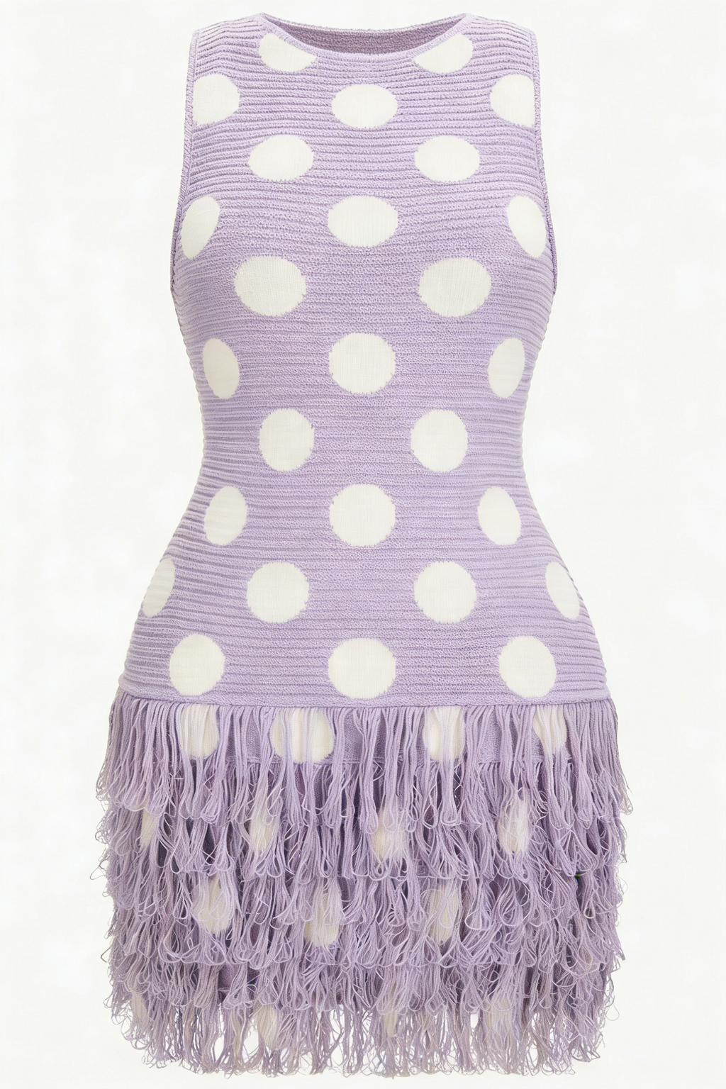 Lavender Polka Dot Fringe Knit Mini Dress