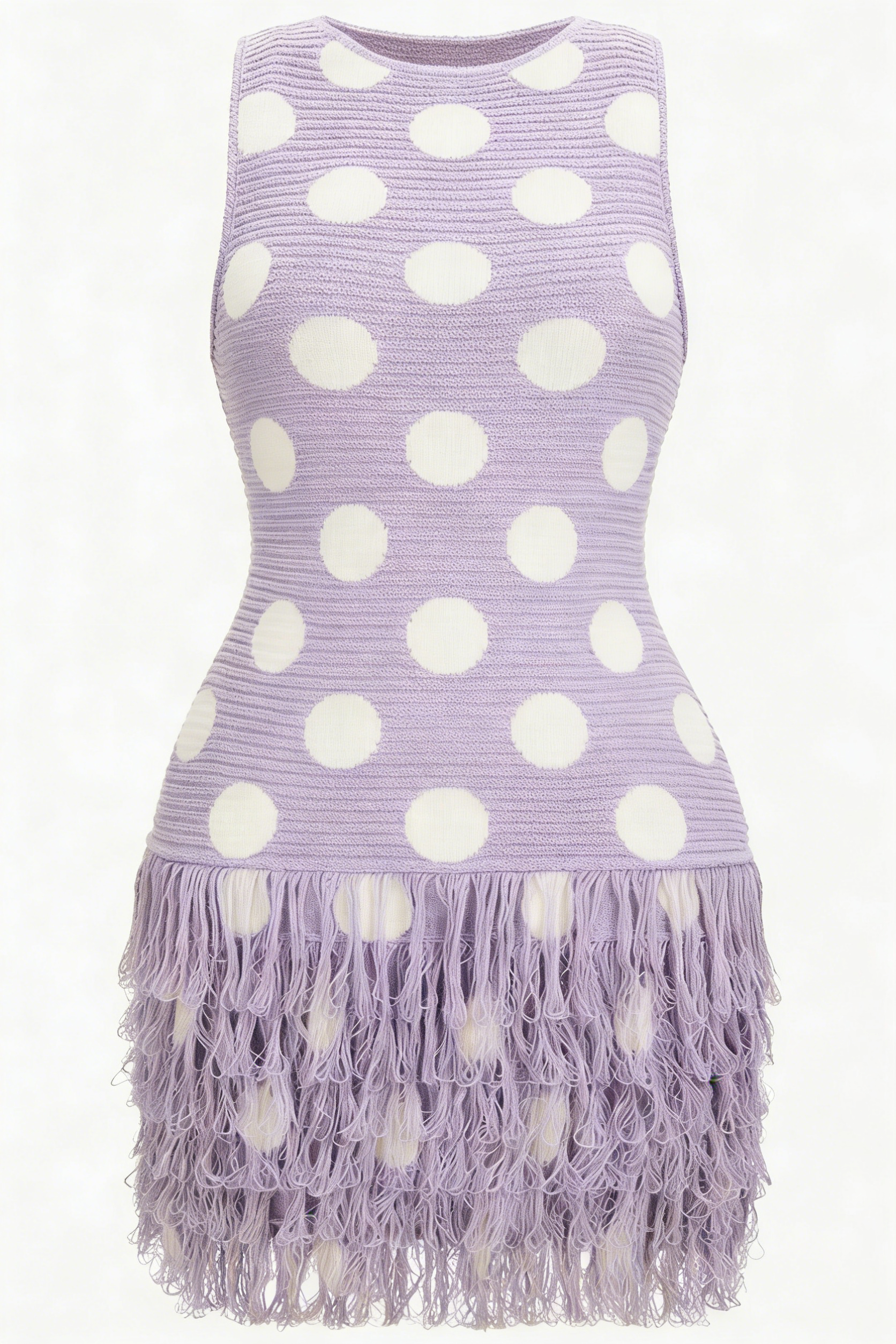 Lavender Polka Dot Fringe Knit Mini Dress