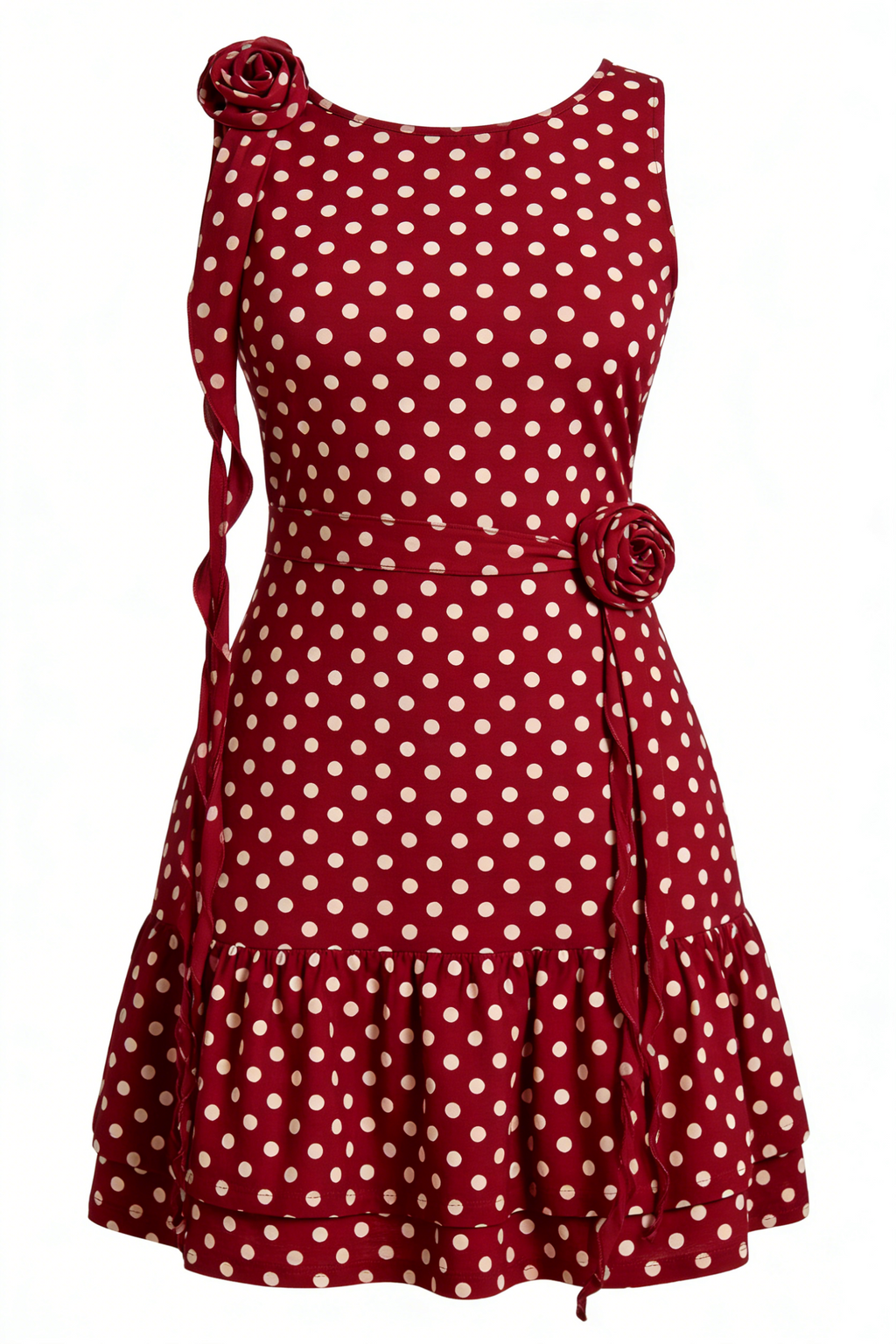 Burgundy Polka Dot Rose Accent Ruffle Hem Mini Dress