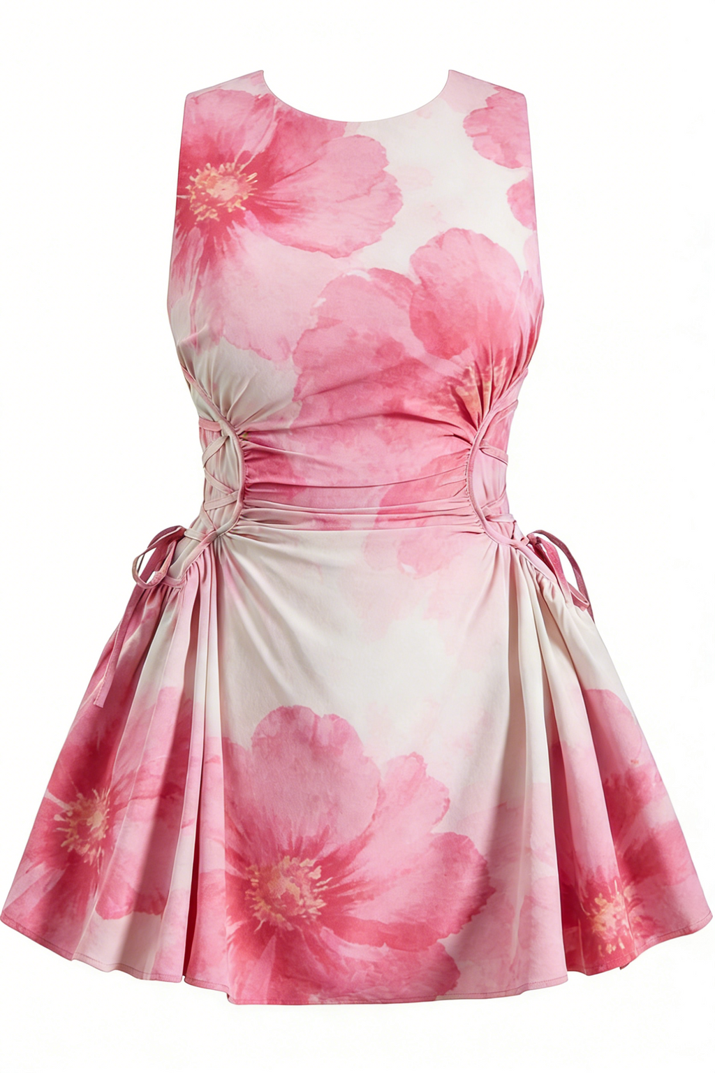 Pink Watercolor Floral Ruched Tie Waist A-Line Mini Dress