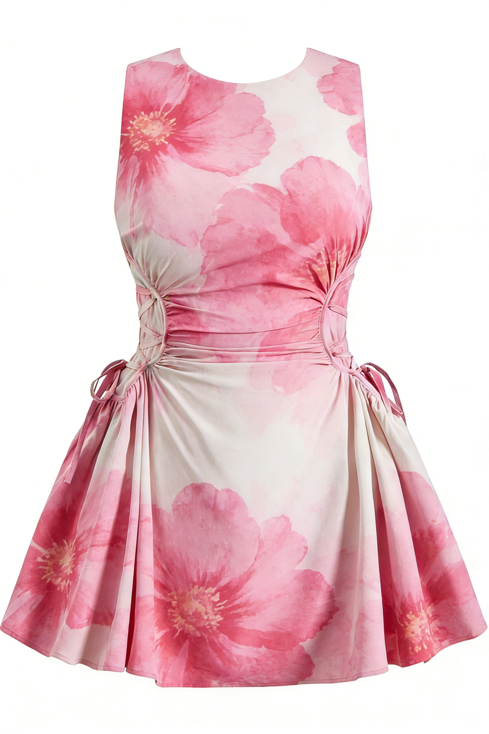Pink Watercolor Floral Ruched Tie Waist A-Line Mini Dress