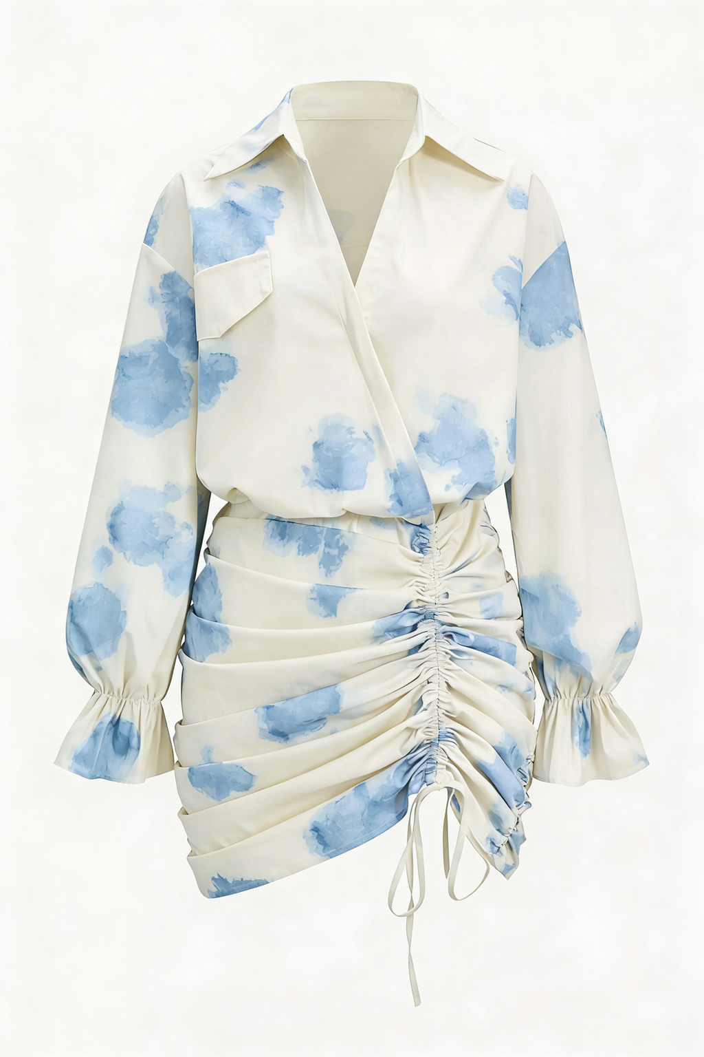 Cream & Blue Tie-Dye Shirt Style Ruched Wrap Mini Dress