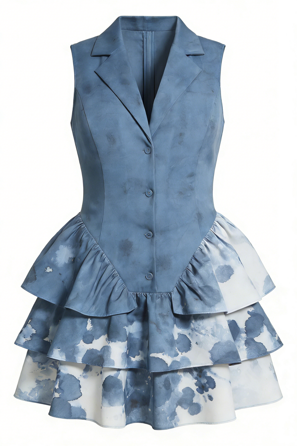 Dusty Blue Tie-Dye Blazer Collar Sleeveless Ruffle Hem Mini Dress