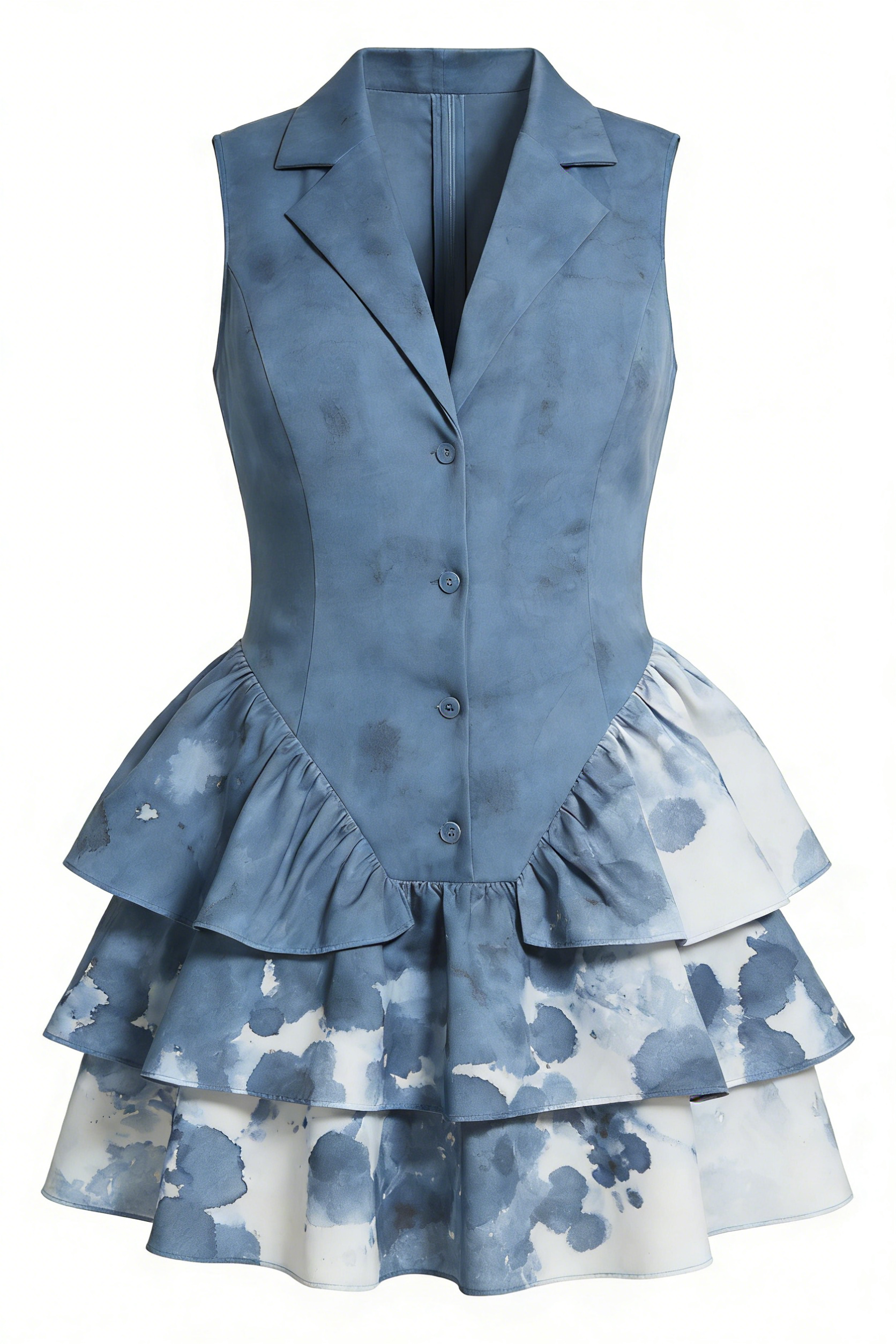 Dusty Blue Tie-Dye Blazer Collar Sleeveless Ruffle Hem Mini Dress