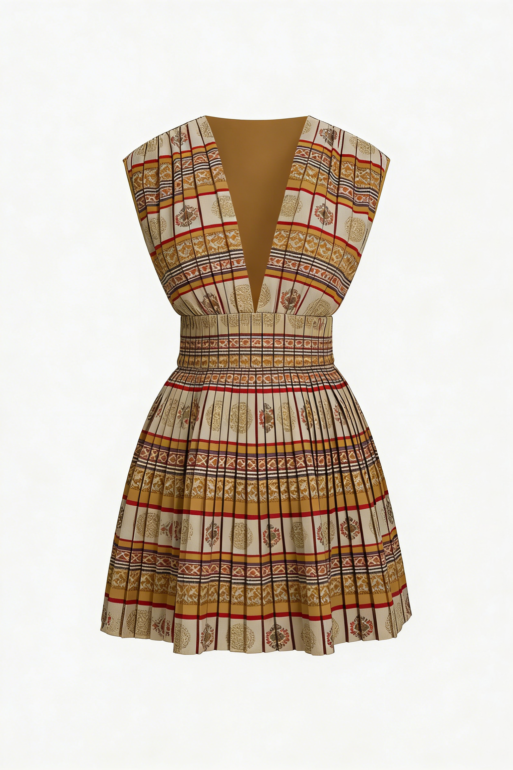 Vintage Stripe Jacquard Deep V Pleated Mini Dress
