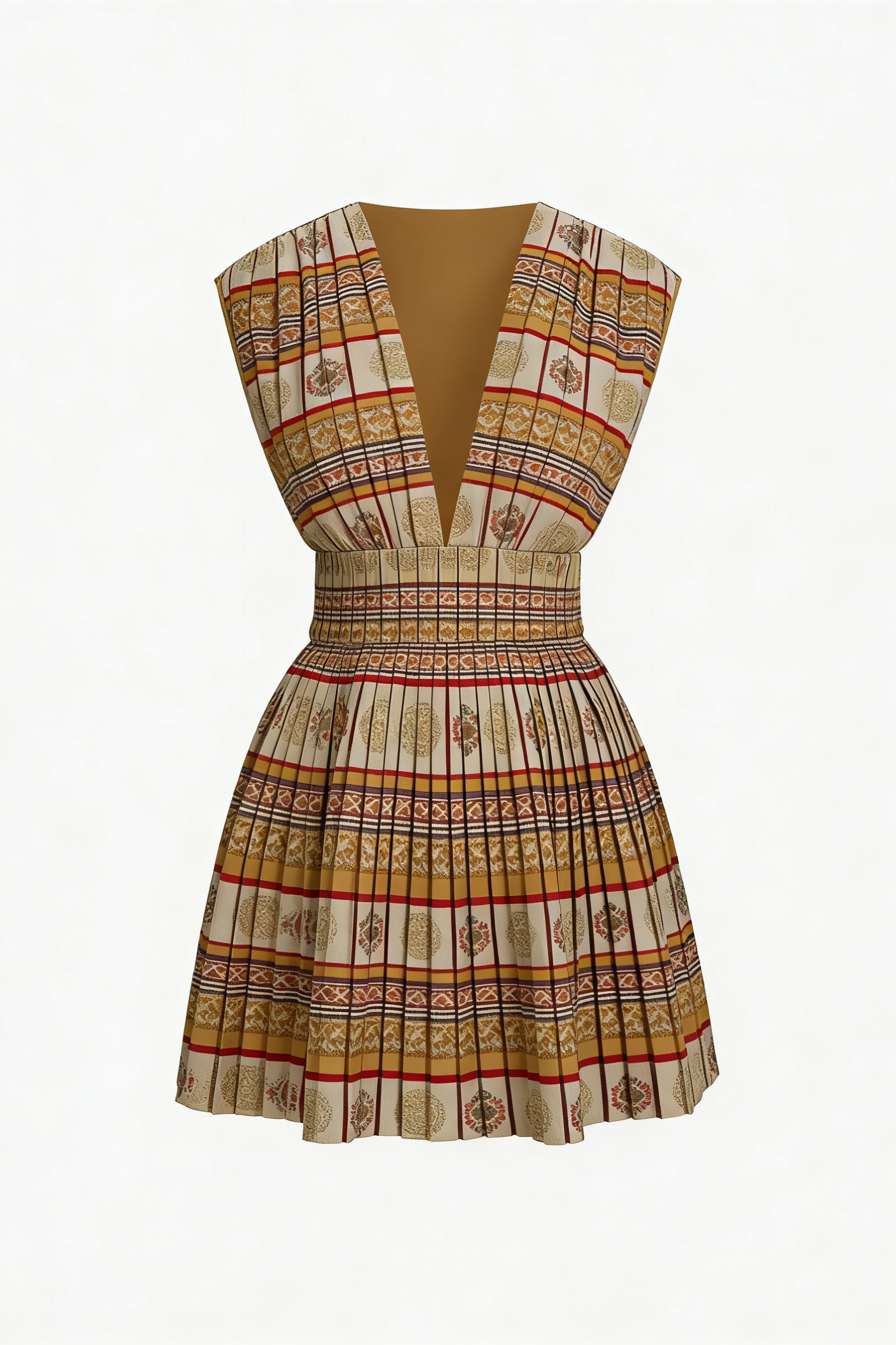 Vintage Stripe Jacquard Deep V Pleated Mini Dress