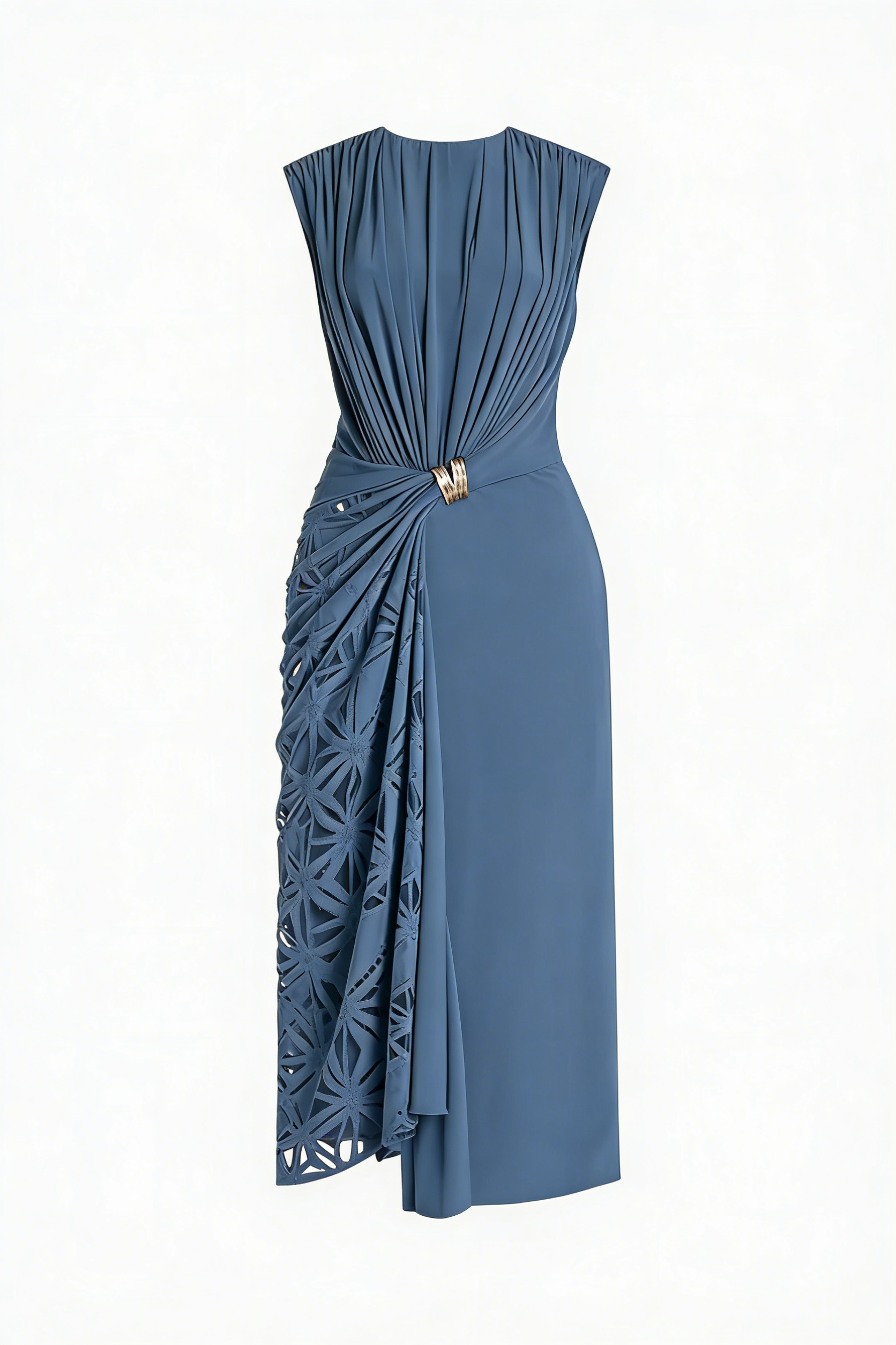 Slate Blue Cutout Asymmetric Ruched Sleeveless Midi Dress