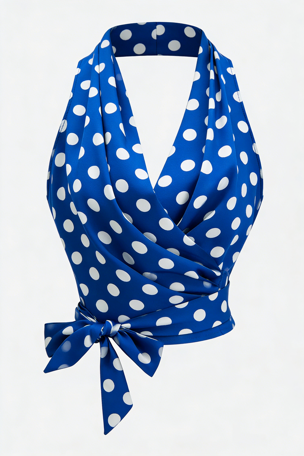 Blue & White Polka Dot Halter Wrap Tie Crop Top