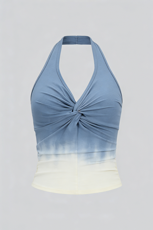 Blue & White Ombre Tie-Dye Twist Halter Crop Top