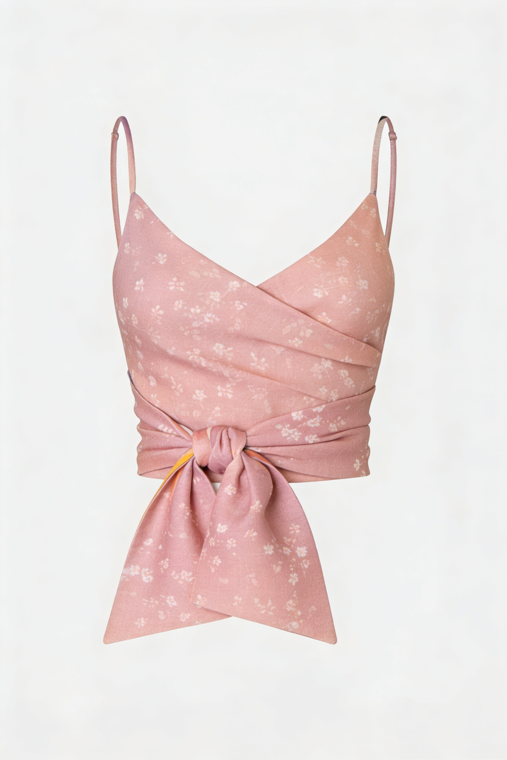 Pink Floral Wrap Tie Spaghetti Strap Crop Top