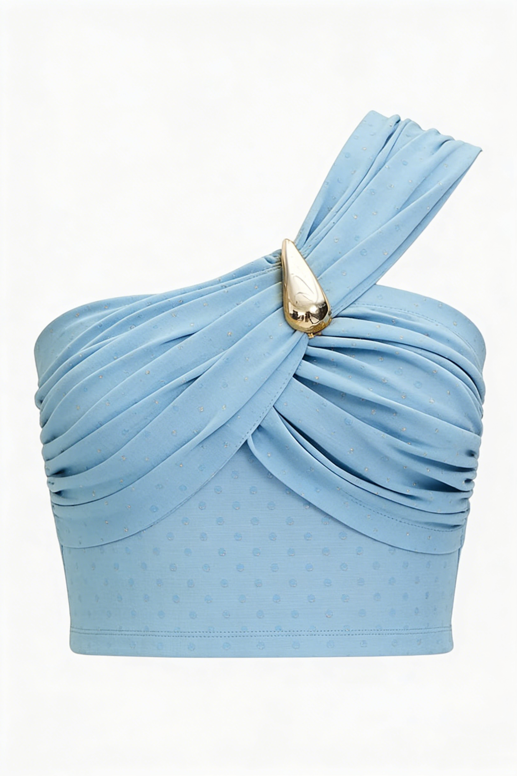 Light Blue Polka Dot One-Shoulder Gold Accent Crop Top