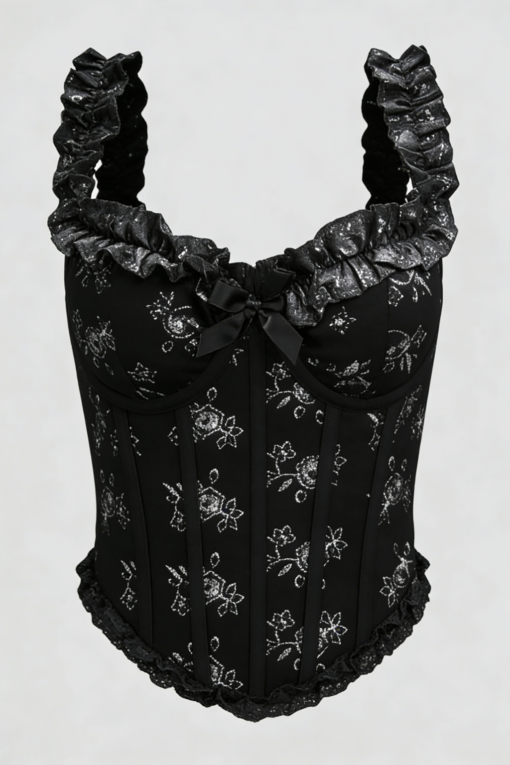 Black Glitter Floral Ruffle Corset Top