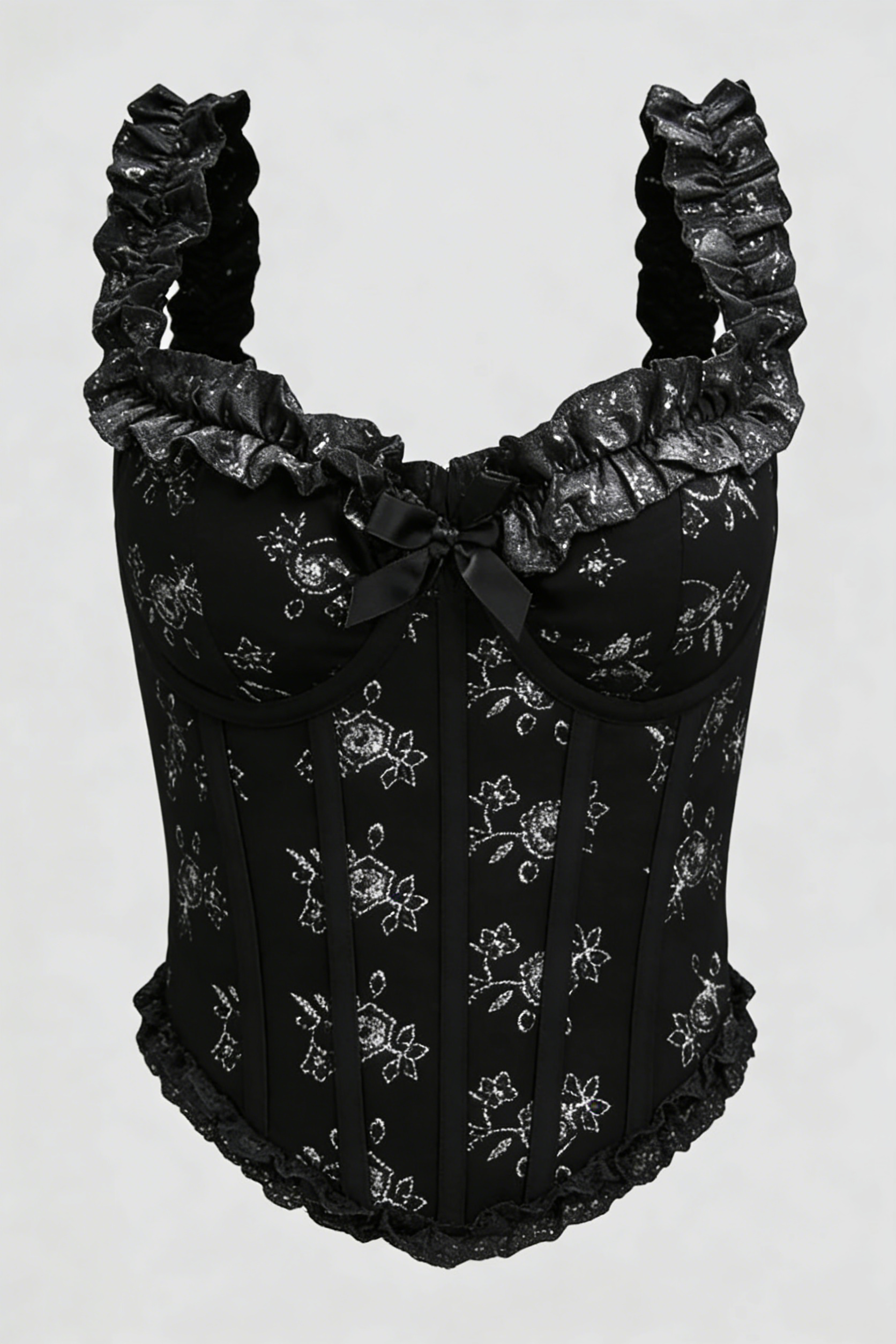 Black Glitter Floral Ruffle Corset Top