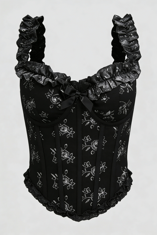 Black Glitter Floral Ruffle Corset Top