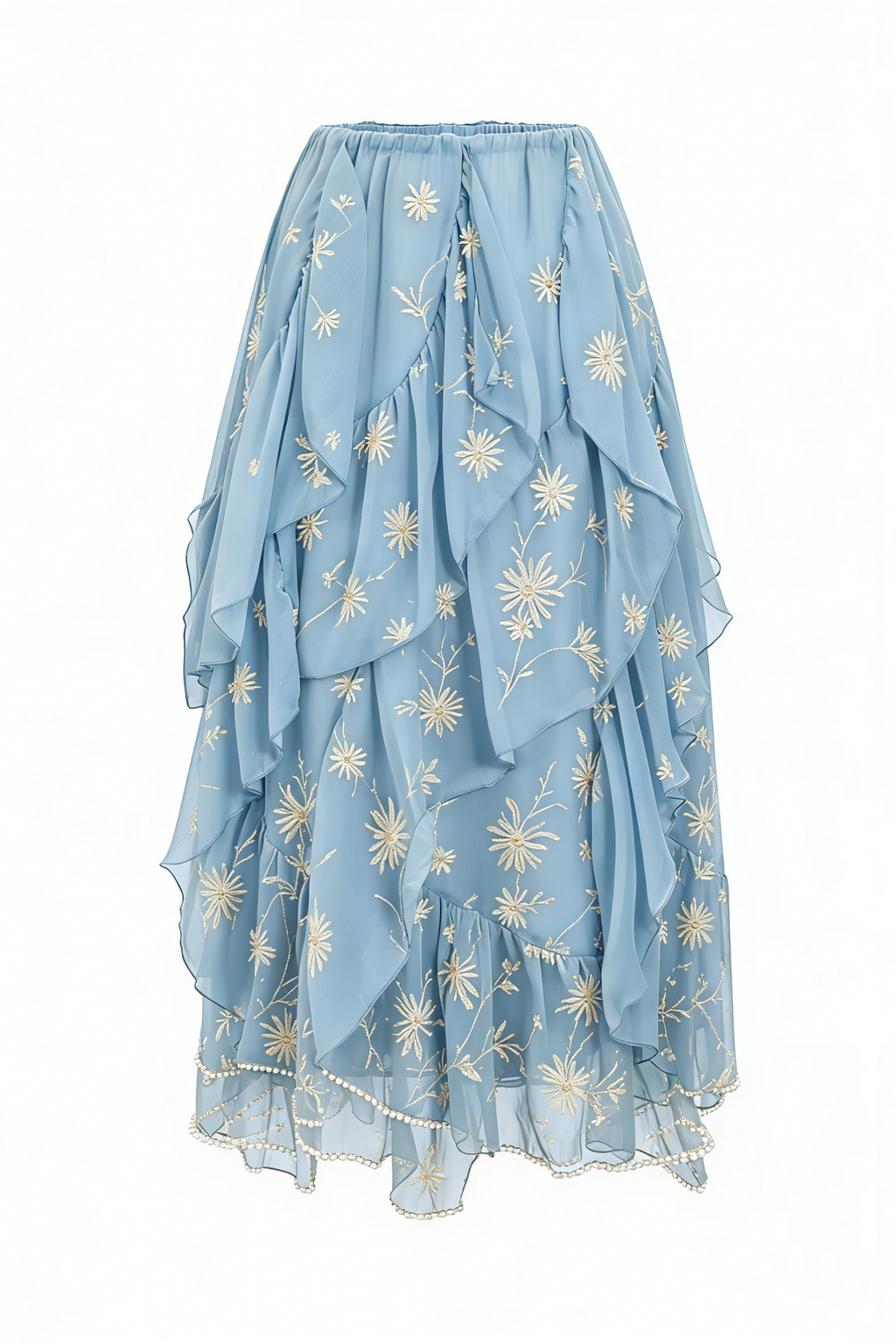 Light Blue Floral Embroidered Ruffled Midi Skirt
