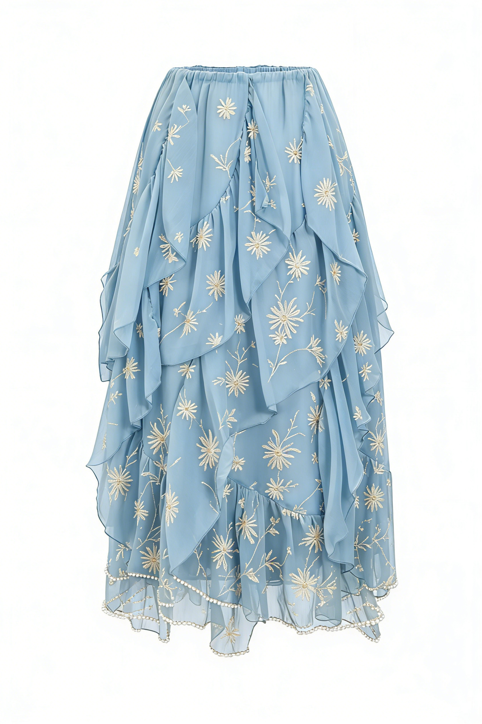 Light Blue Floral Embroidered Ruffled Midi Skirt