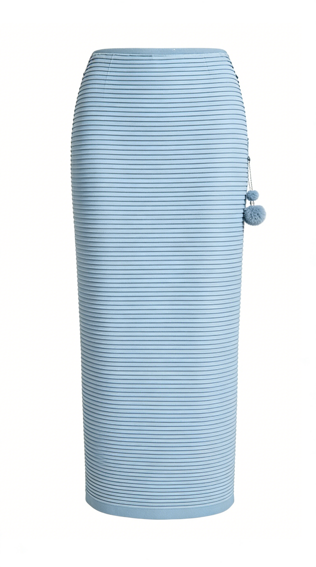 Light Blue Ribbed Pencil Skirt with Pom-Pom Detail