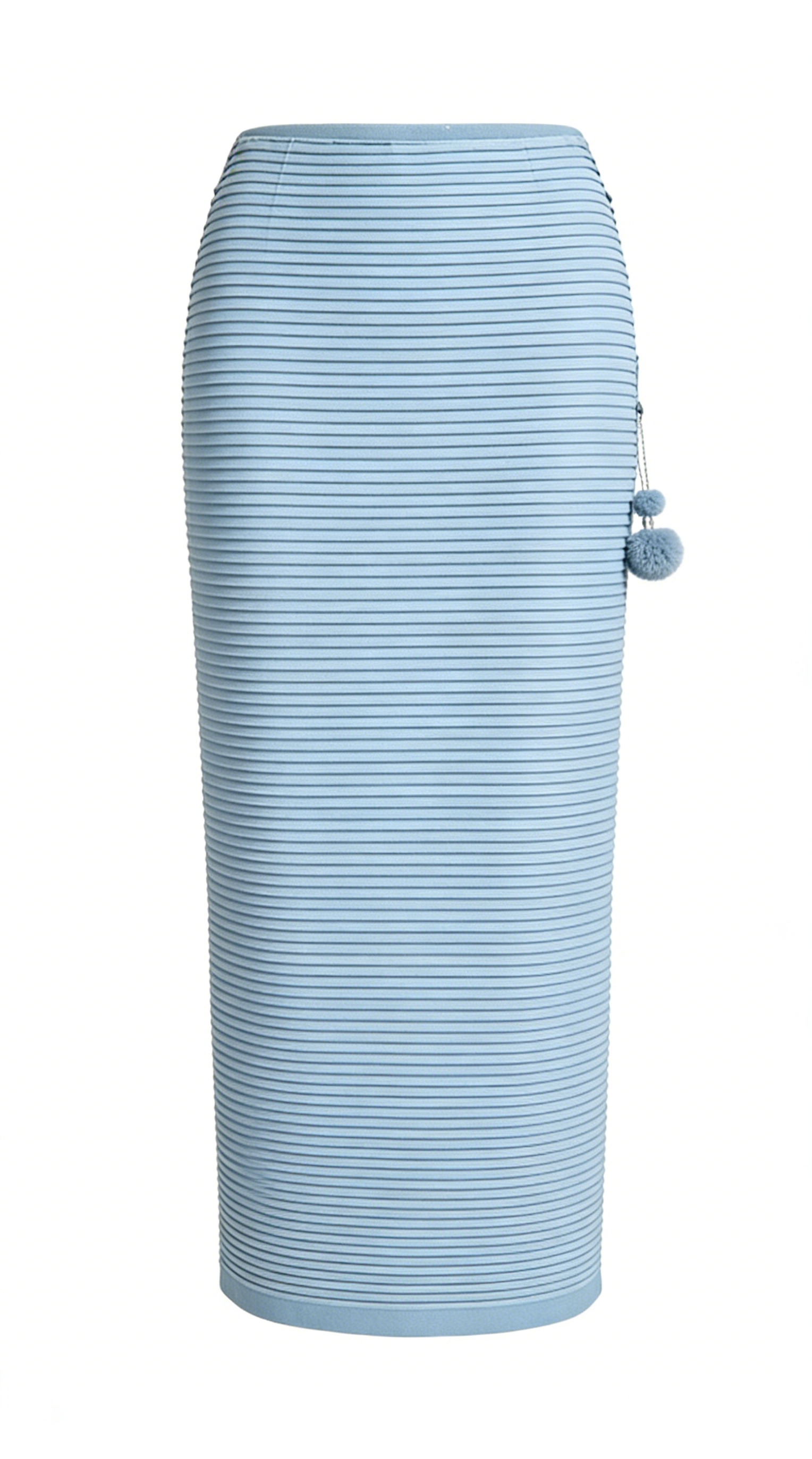 Light Blue Ribbed Pencil Skirt with Pom-Pom Detail