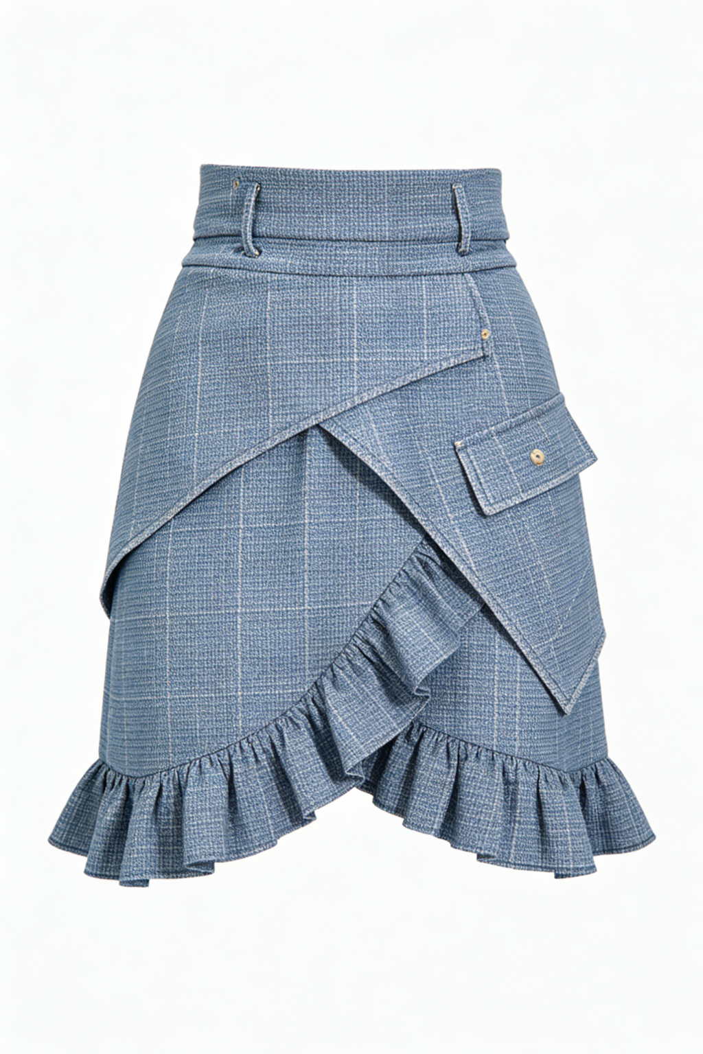 Blue Plaid Ruffled Wrap Mini Skirt