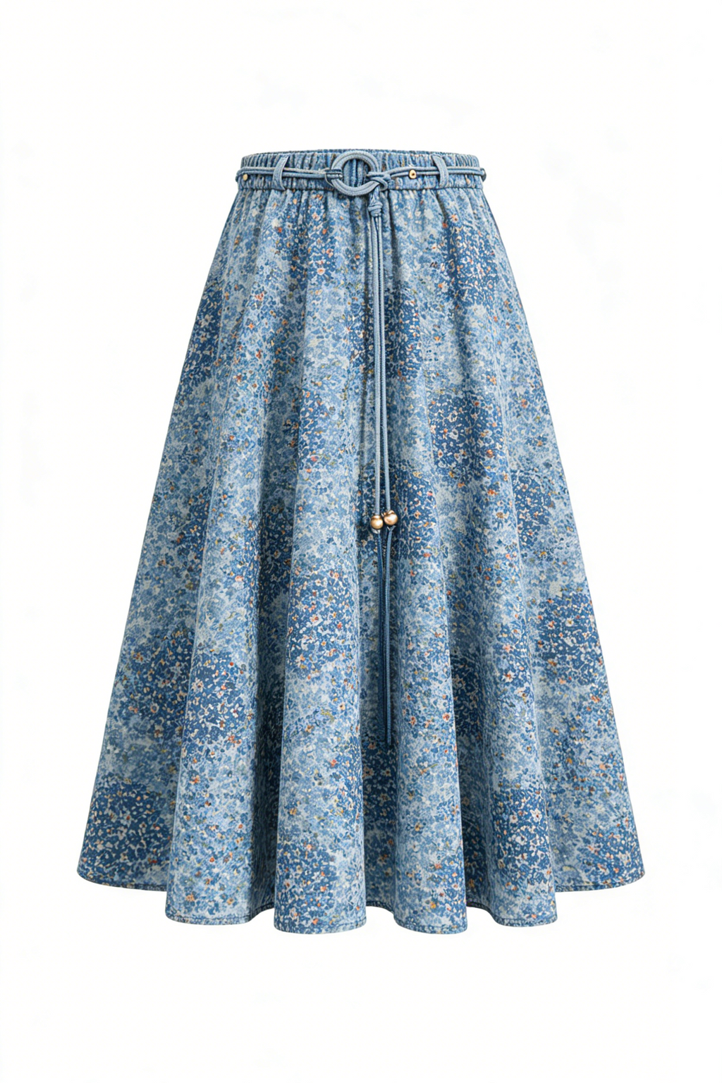 Blue Floral Denim Maxi Skirt with Belt Detail