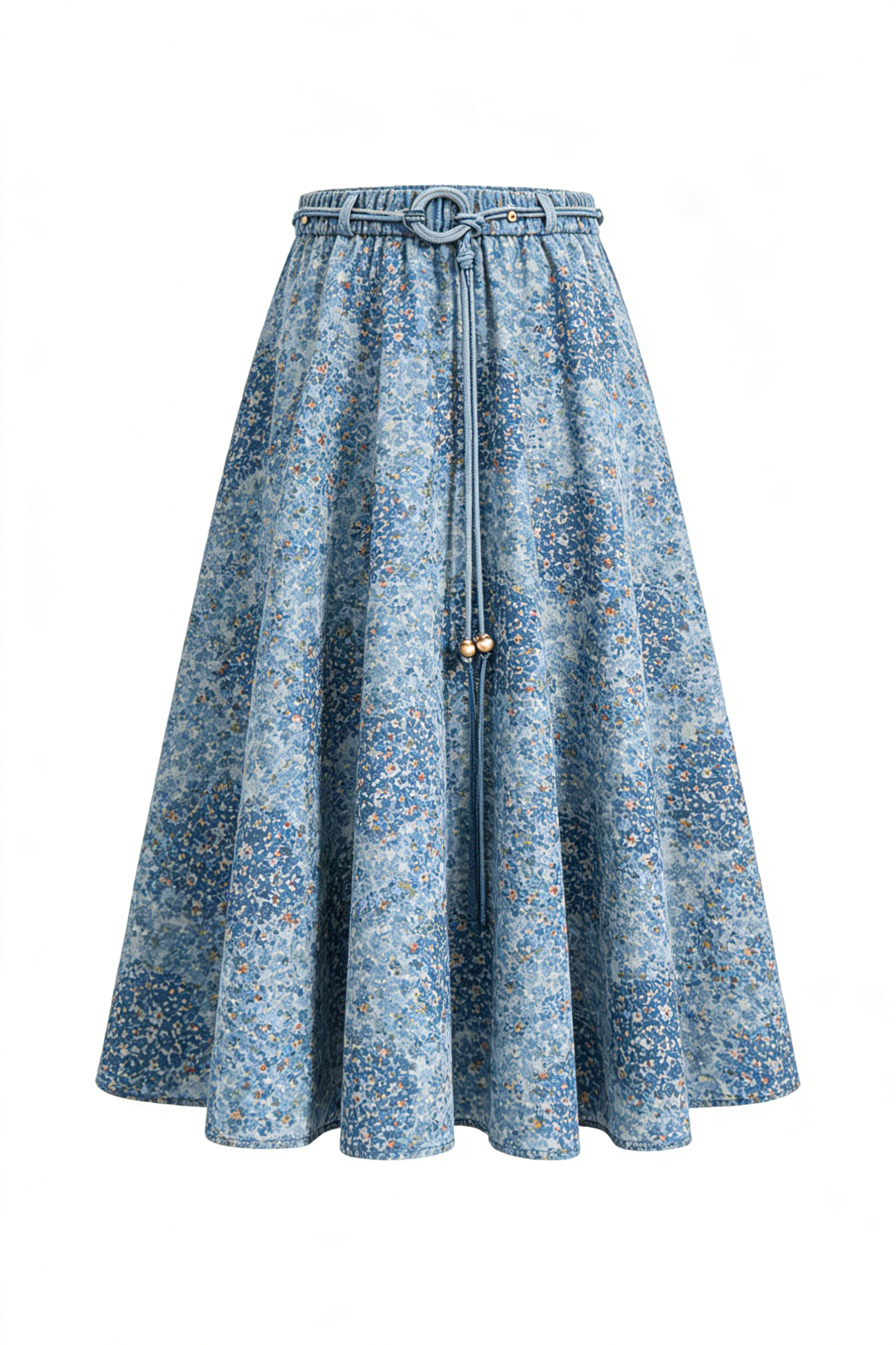 Blue Floral Denim Maxi Skirt with Belt Detail