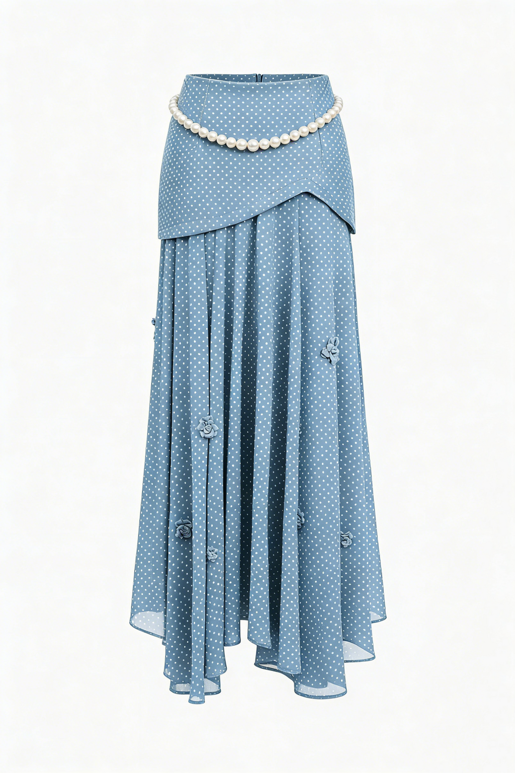Light Blue Polka Dot Asymmetric Midi Skirt with Floral Appliques