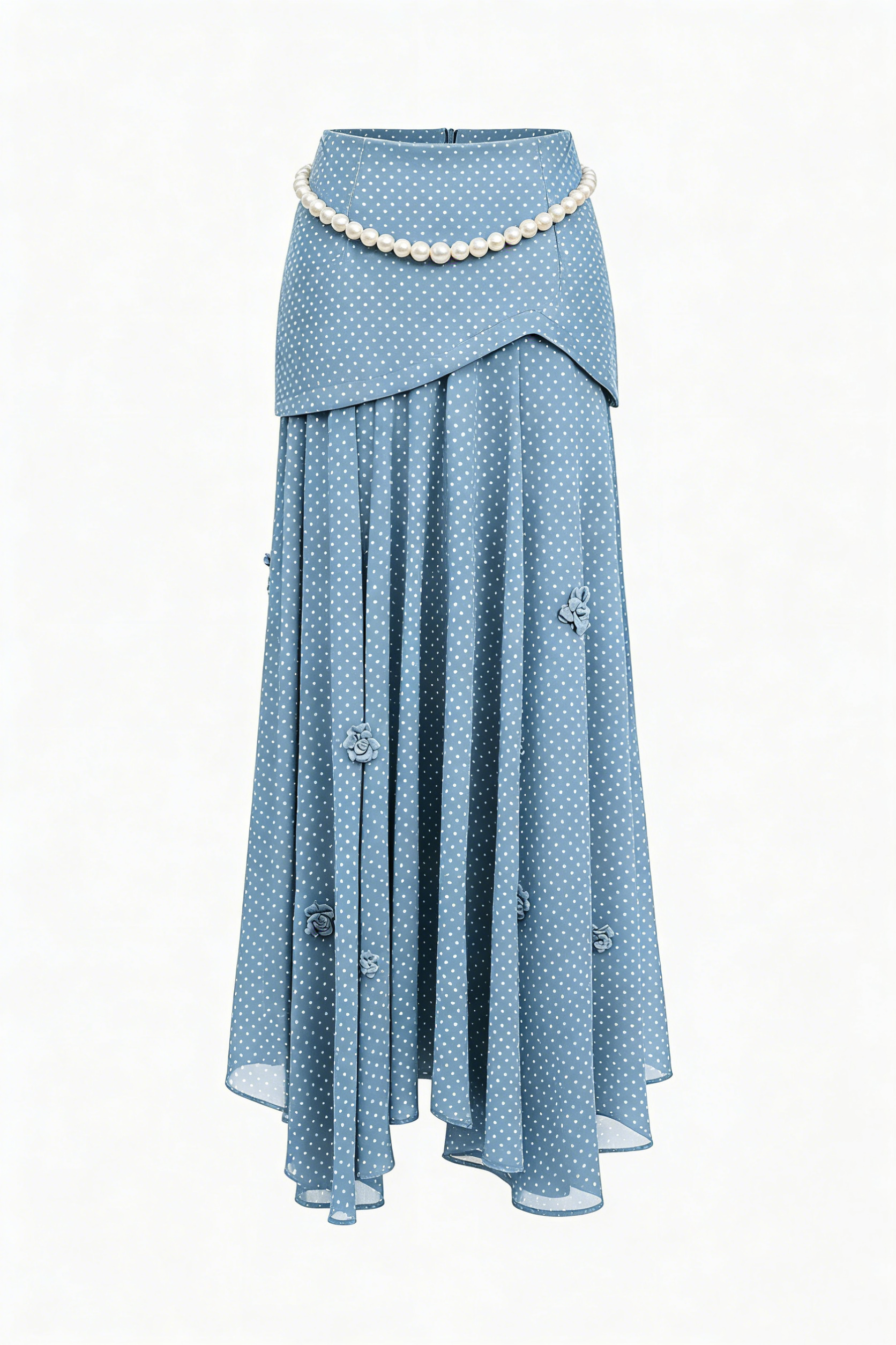 Light Blue Polka Dot Asymmetric Midi Skirt with Floral Appliques