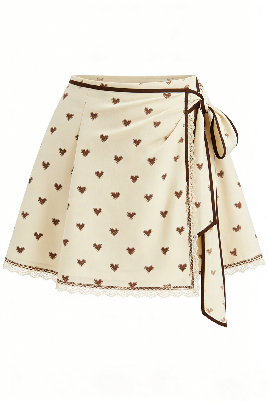 Cream Heart Print Wrap Mini Skirt with Lace Trim