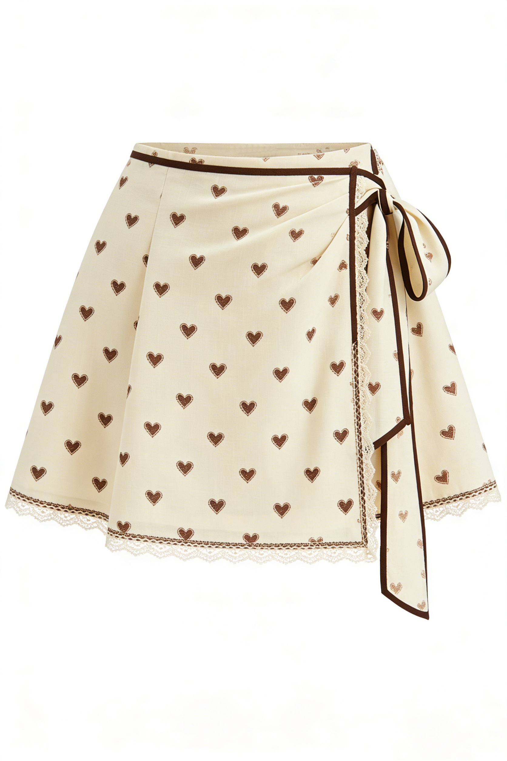 Cream Heart Print Wrap Mini Skirt with Lace Trim