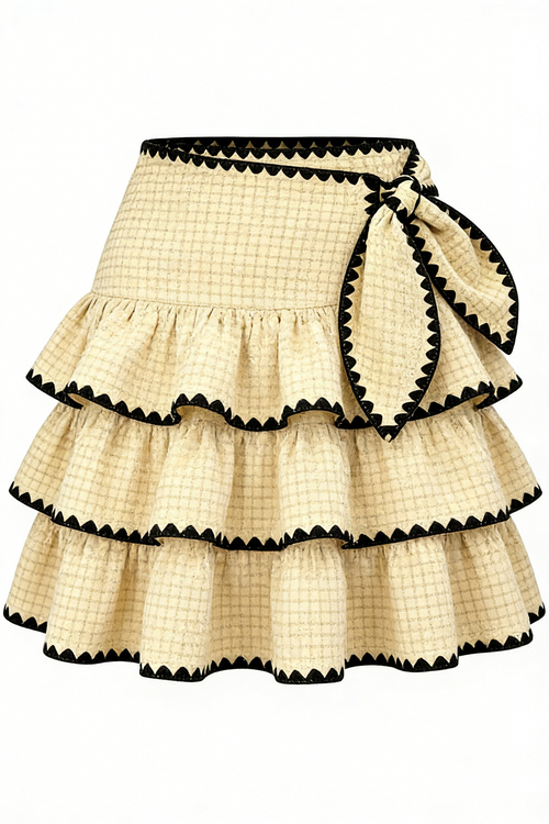 Beige Checkered Tiered Ruffled Mini Skirt