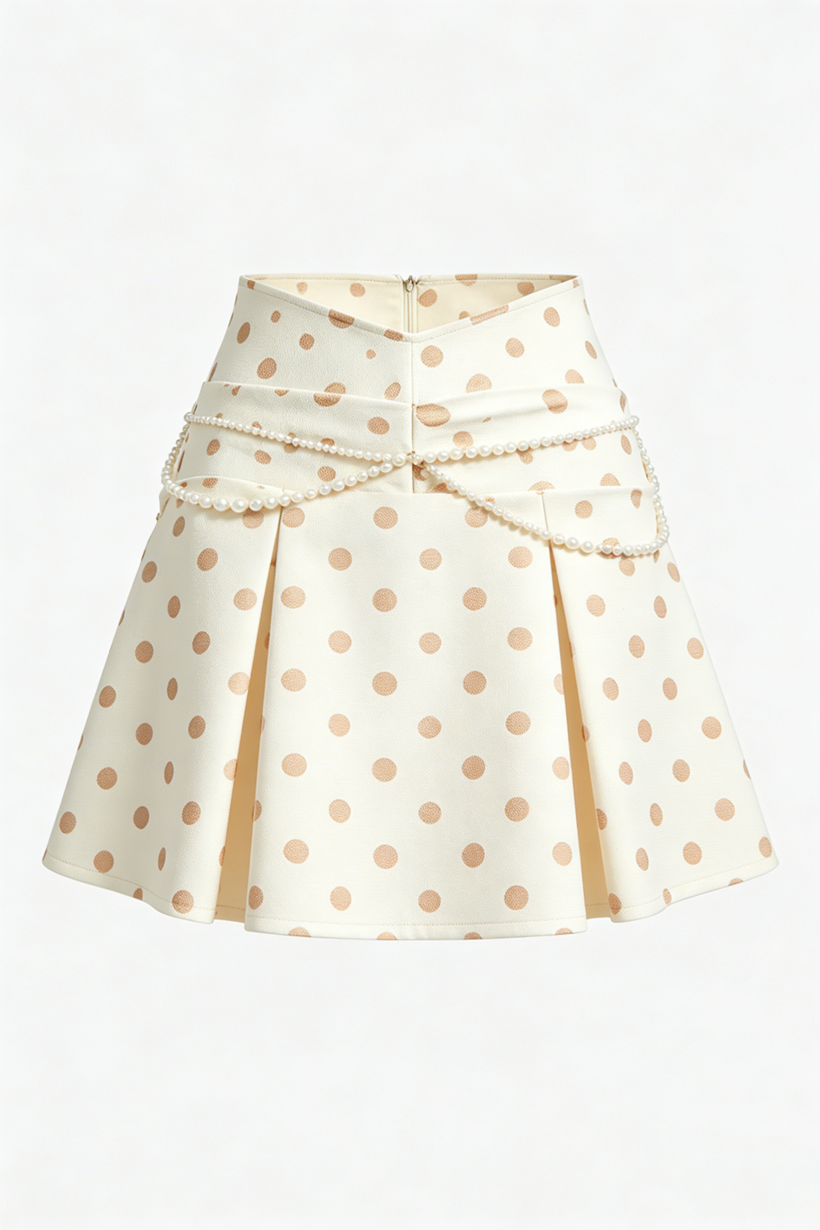 Cream Polka Dot Pleated Mini Skirt with Pearl Chain Detail