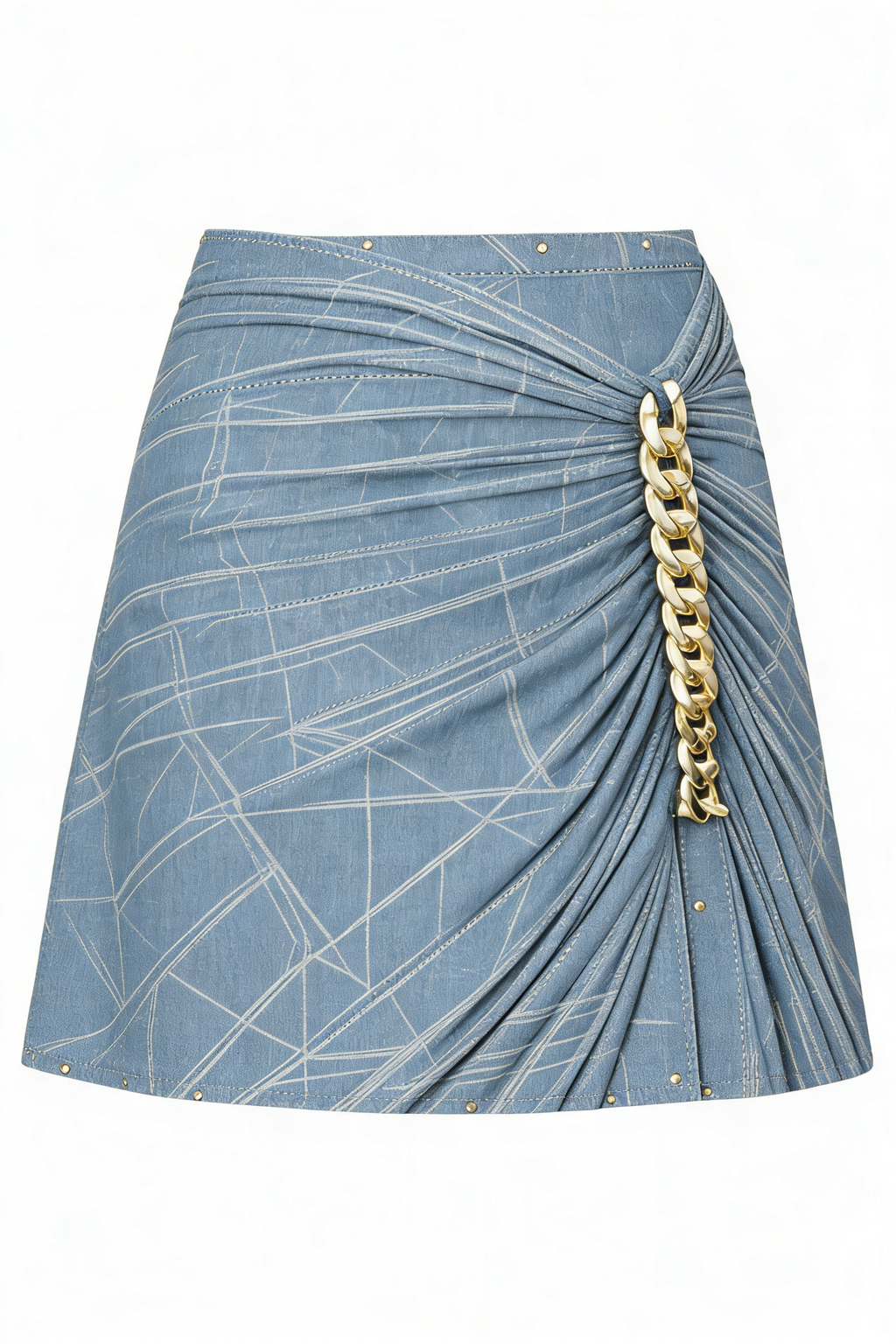 Blue Denim Print Ruched Mini Skirt with Gold Chain Detail