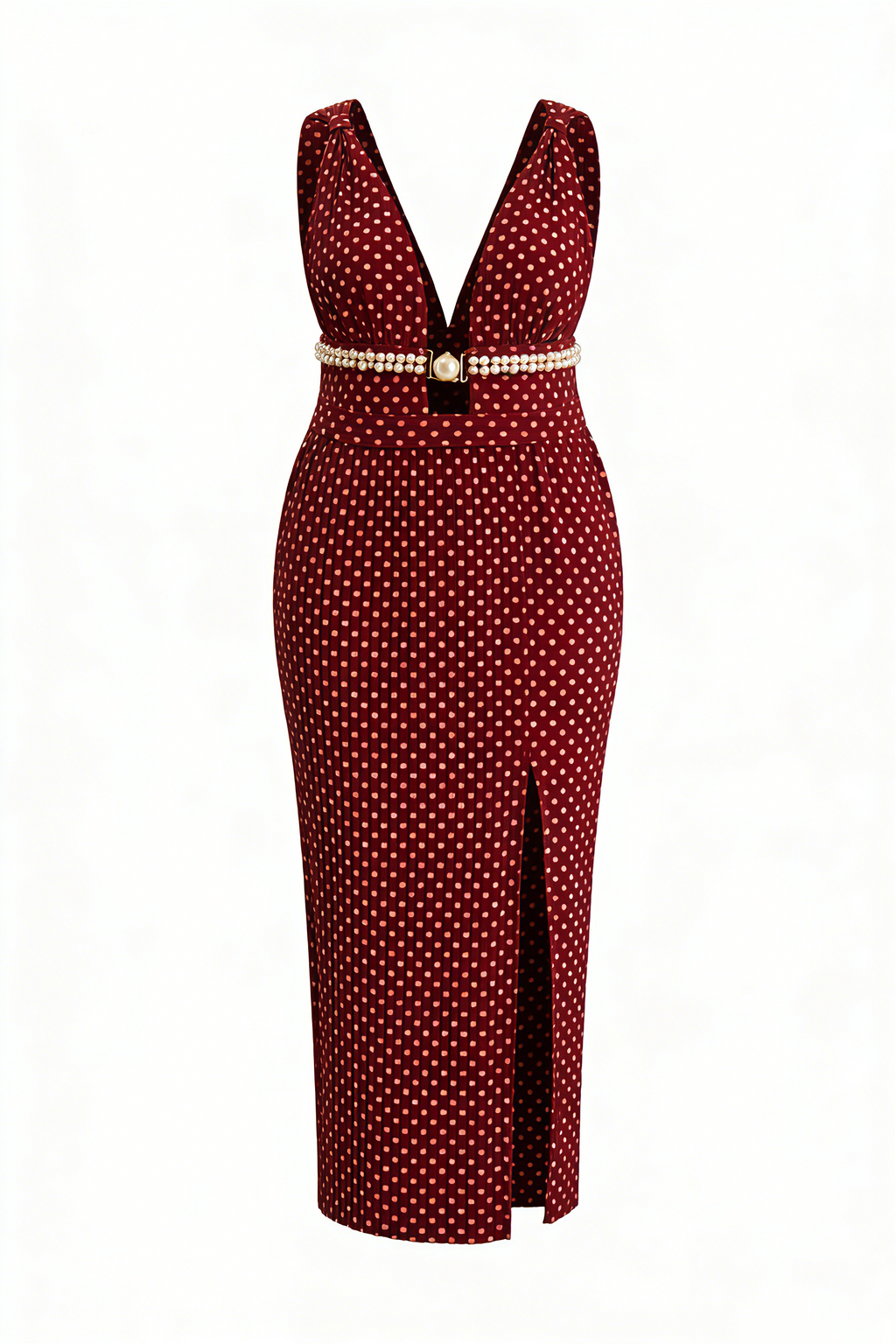 Burgundy Polka Dot Pearl-Trimmed V-Neck Slit Midi Dress