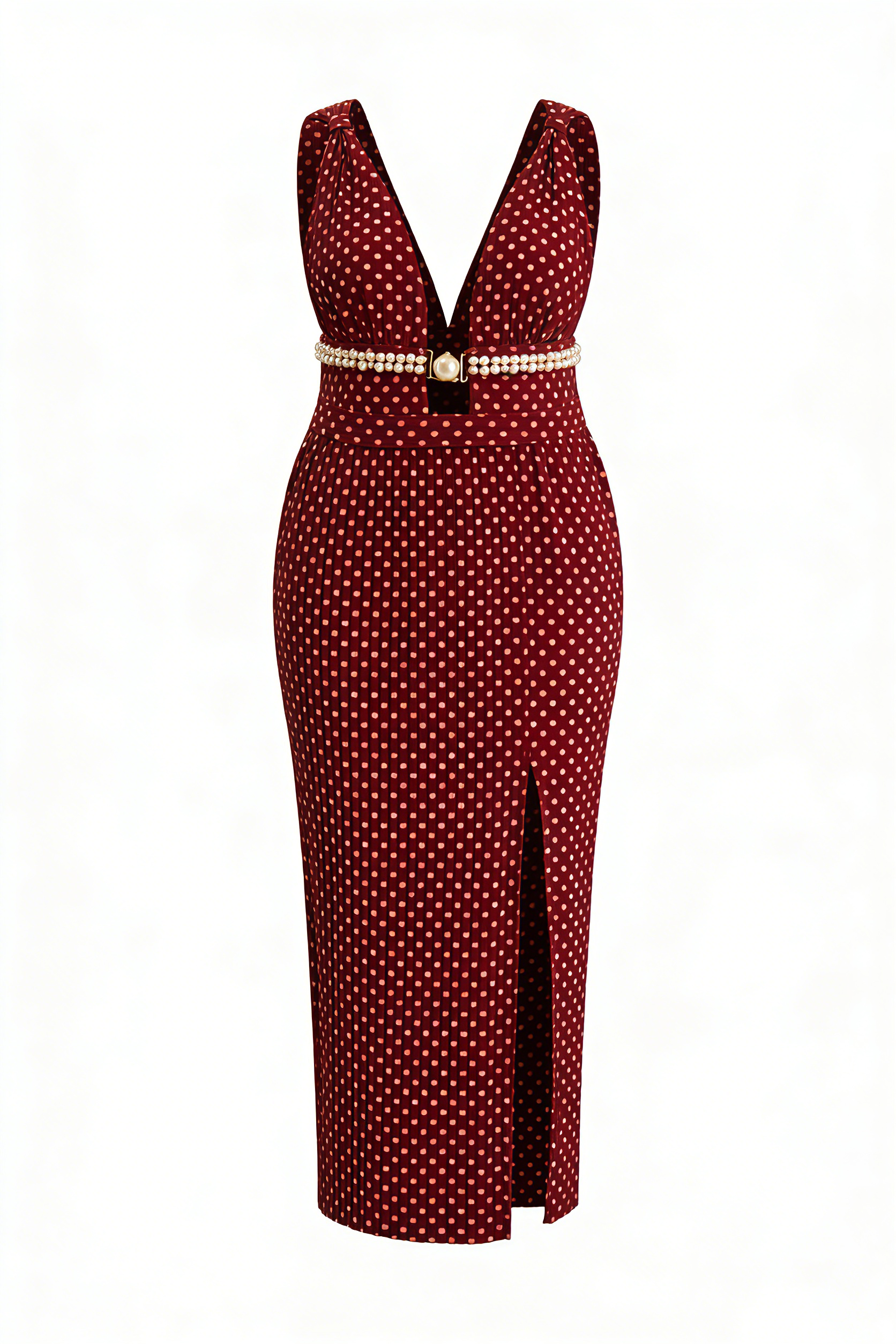 Burgundy Polka Dot Pearl-Trimmed V-Neck Slit Midi Dress