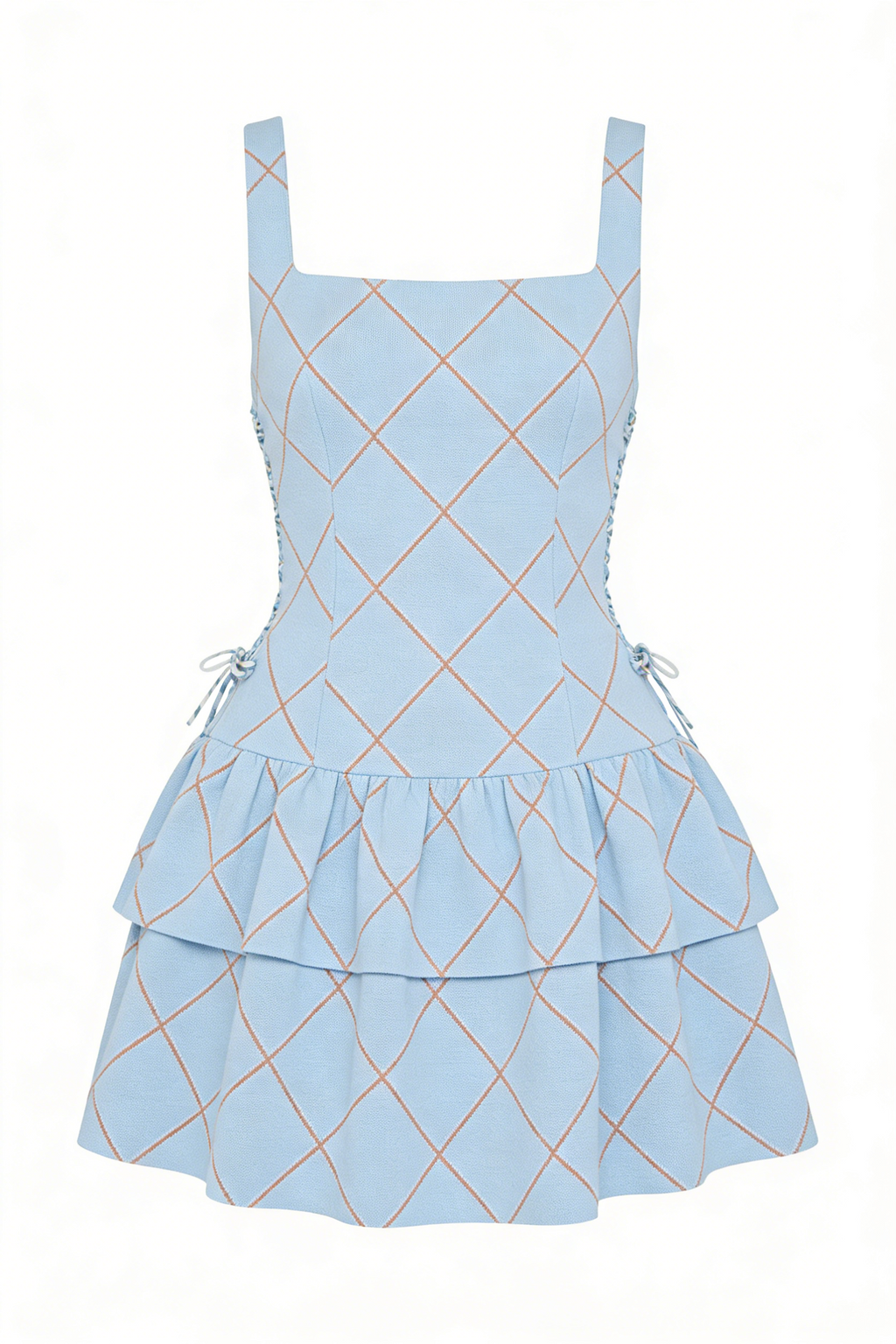 Light Blue Argyle Lace-Up Tiered Mini Dress