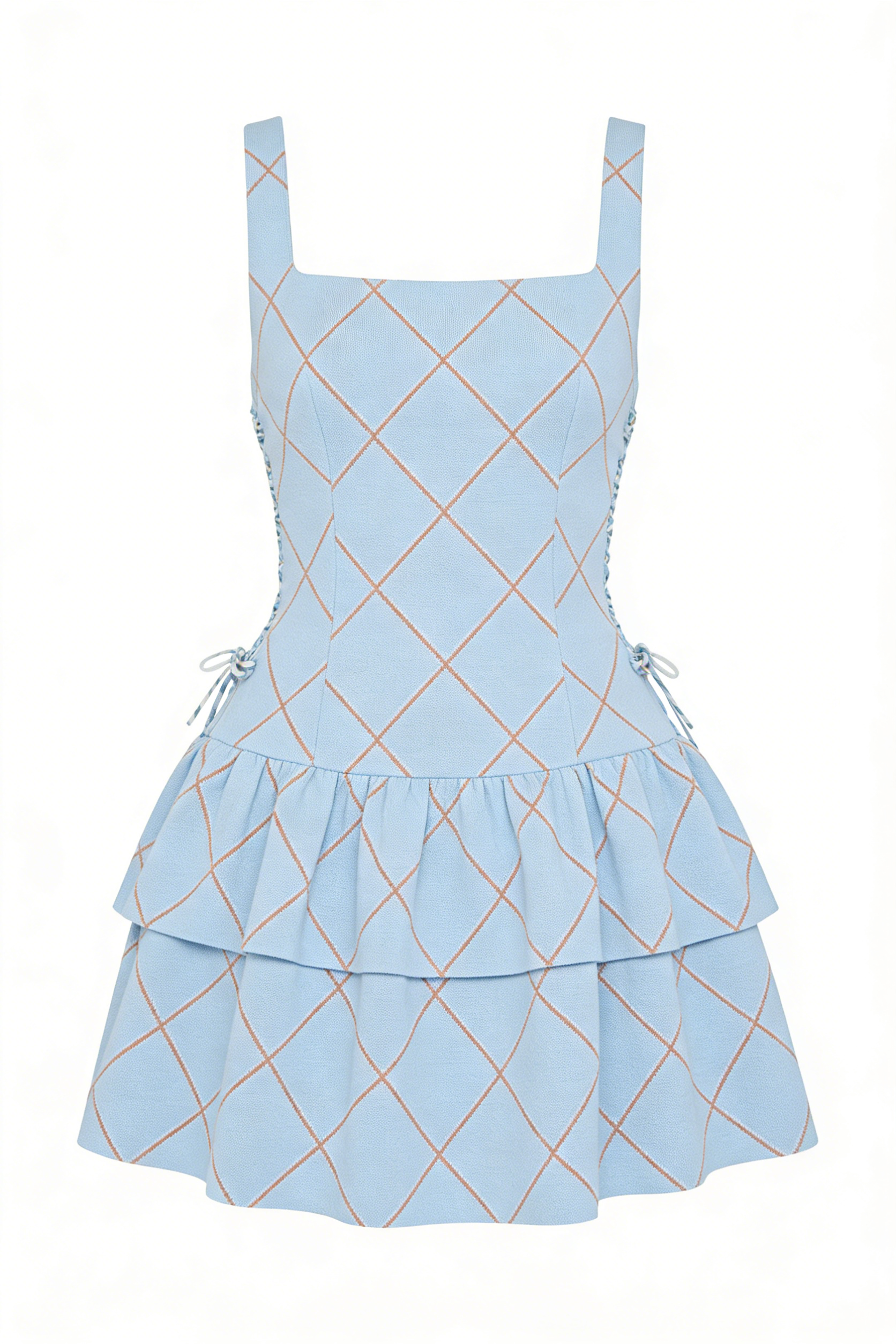 Light Blue Argyle Lace-Up Tiered Mini Dress