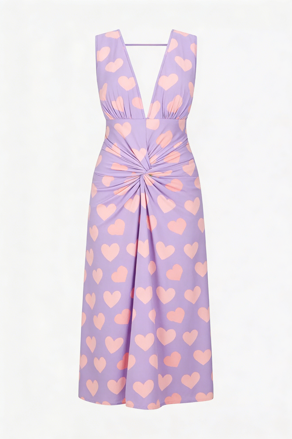 Lavender Heart Print Twist-Front V-Neck Midi Dress