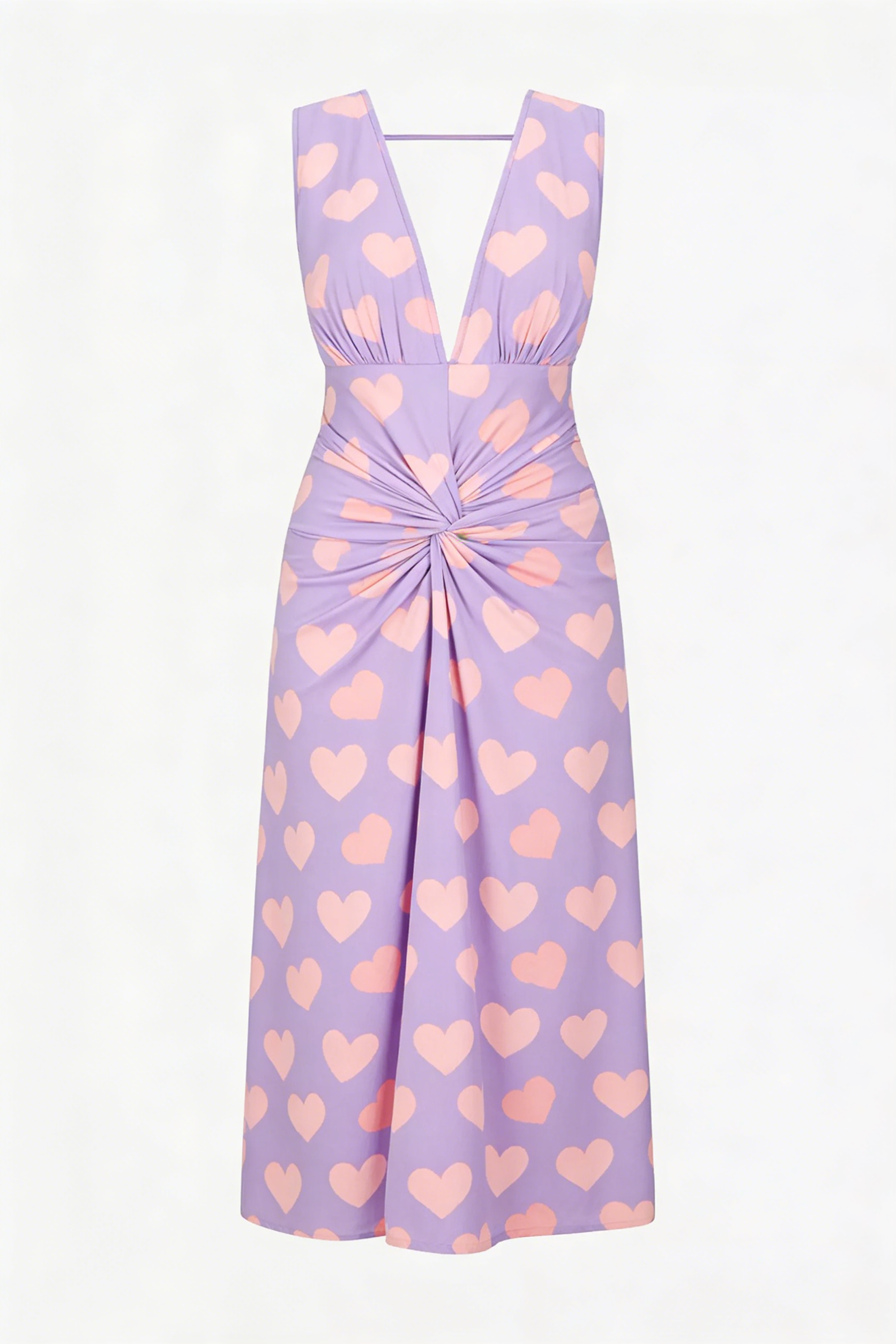 Lavender Heart Print Twist-Front V-Neck Midi Dress
