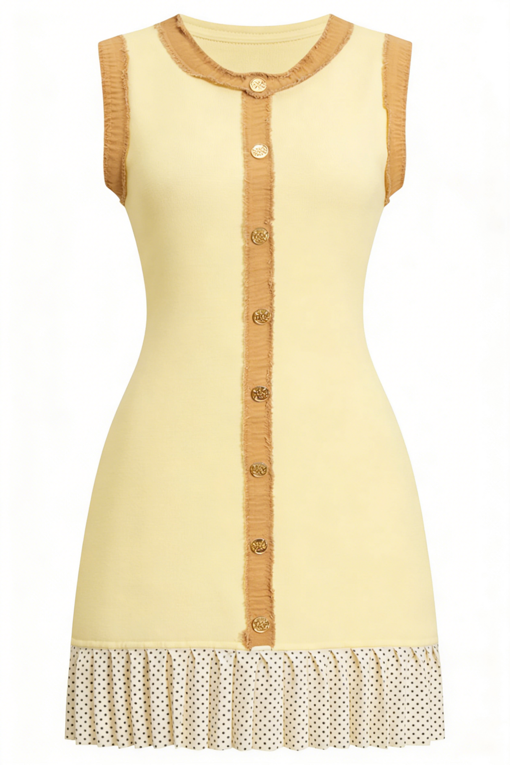 Pale Yellow Raw-Edge Button-Front Polka Dot Mini Dress