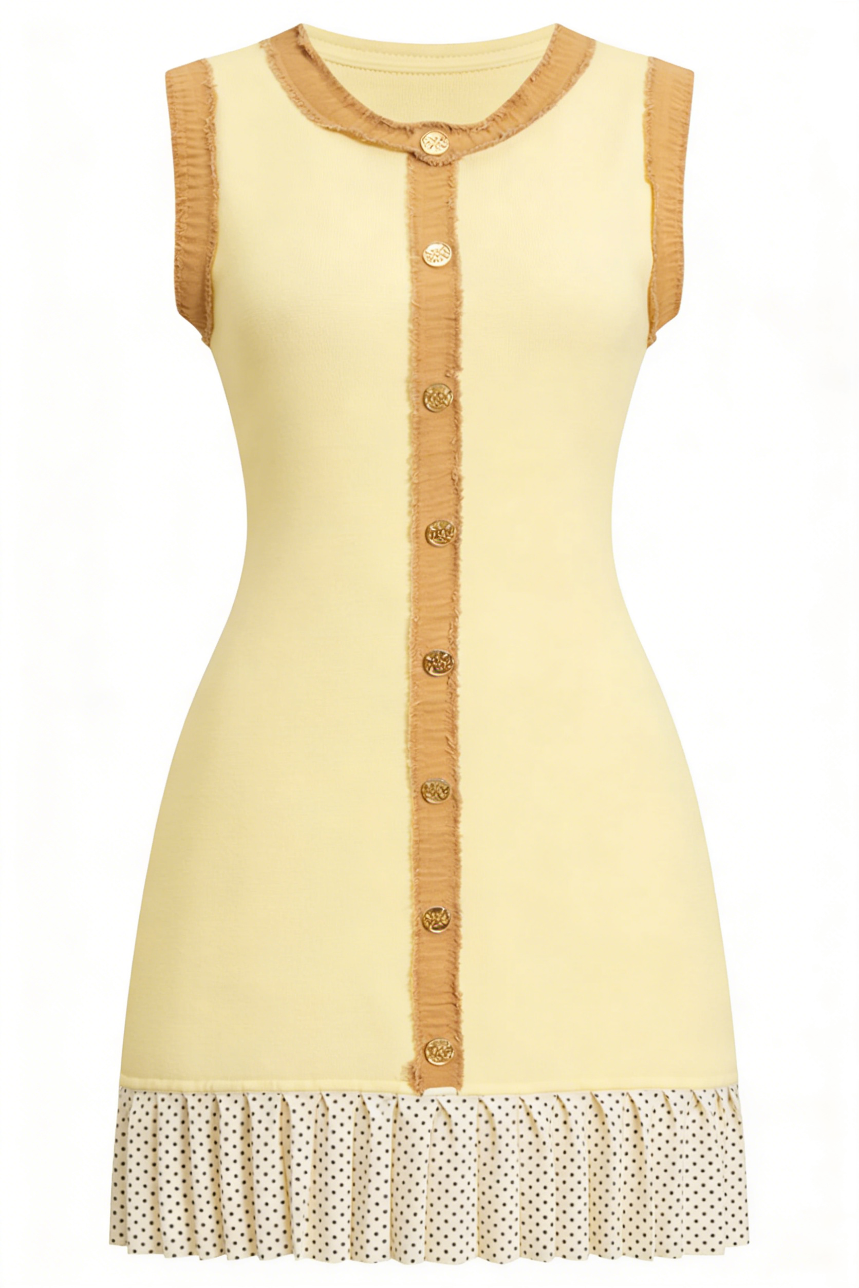 Pale Yellow Raw-Edge Button-Front Polka Dot Mini Dress