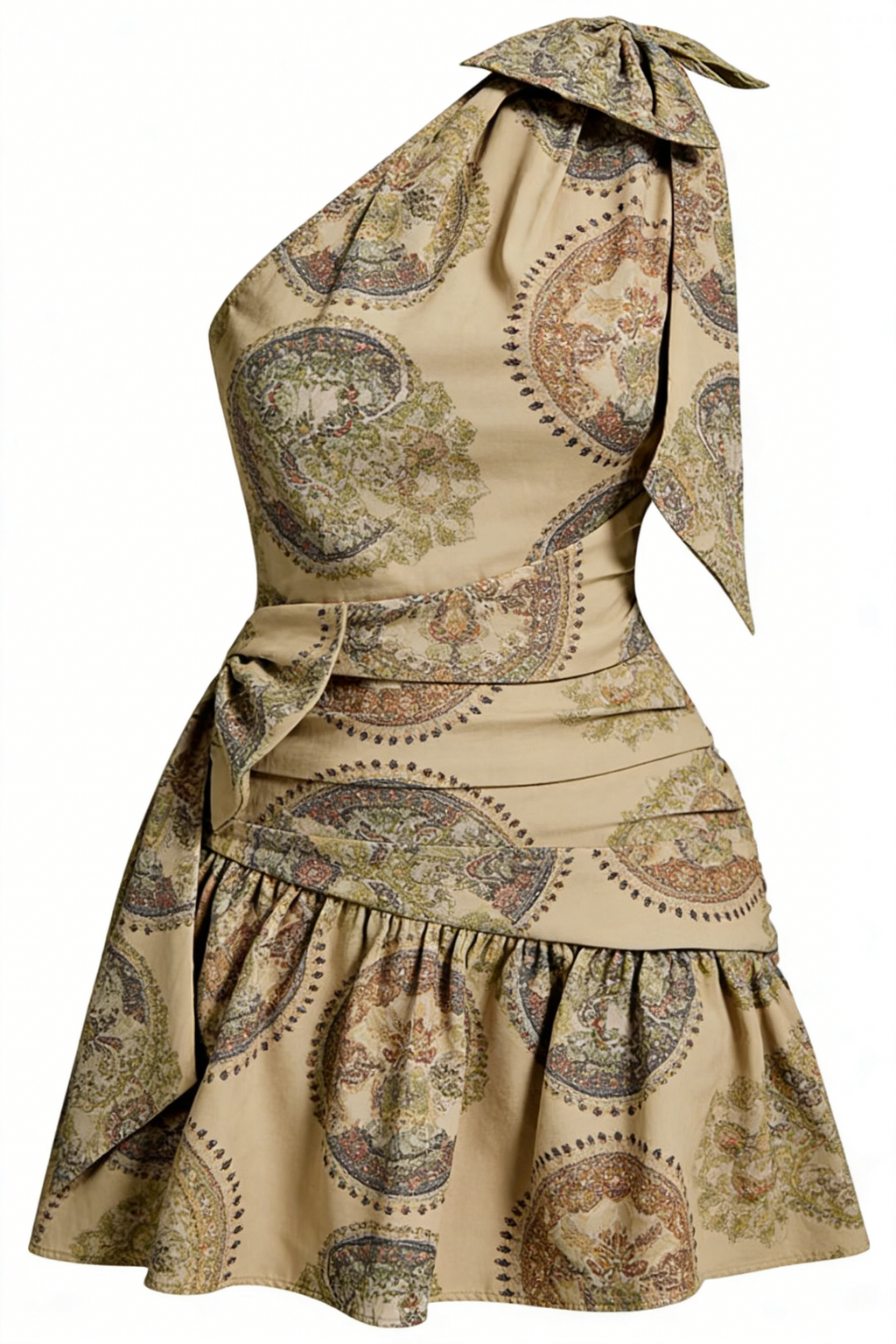 Khaki Paisley Print One-Shoulder Tie Mini Dress