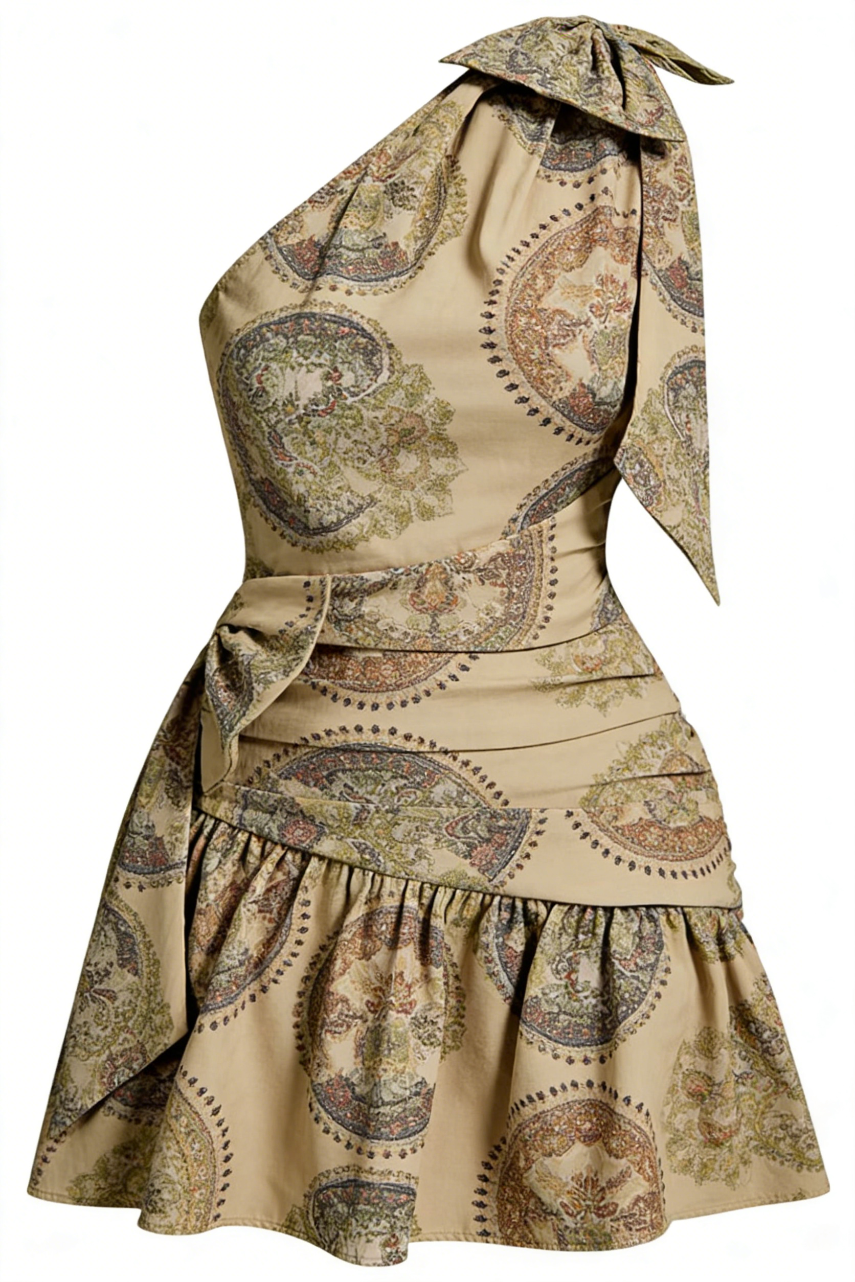 Khaki Paisley Print One-Shoulder Tie Mini Dress