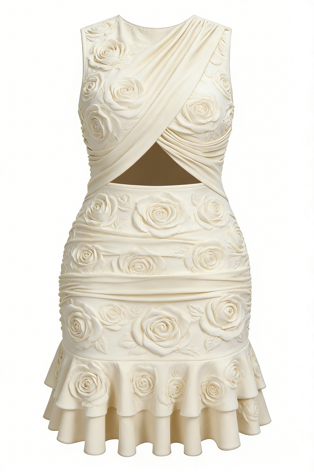 Cream Rose Embossed Cutout Waist Mini Dress